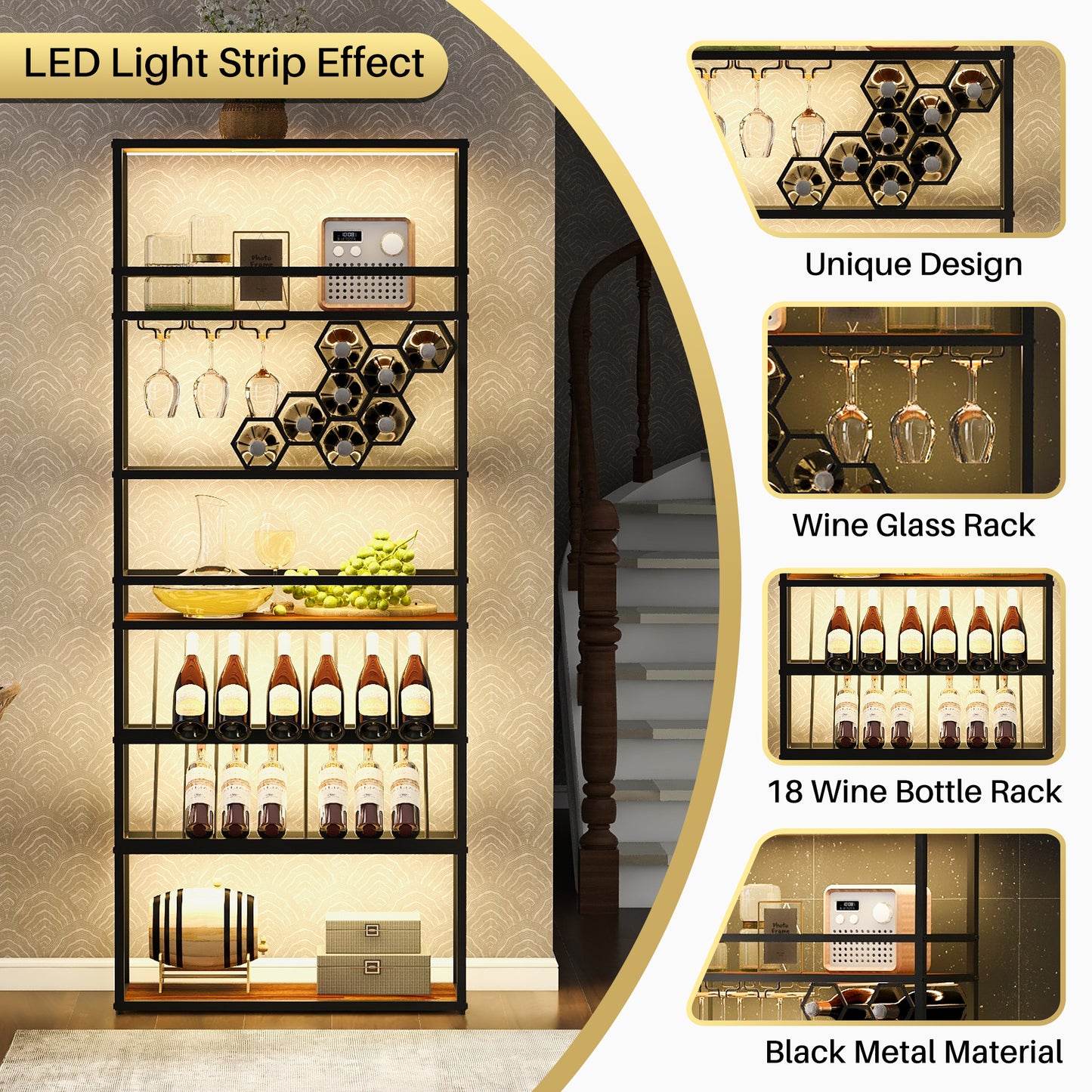 LED Lighted Tall Wine Rack and Adjustable Display Shelves