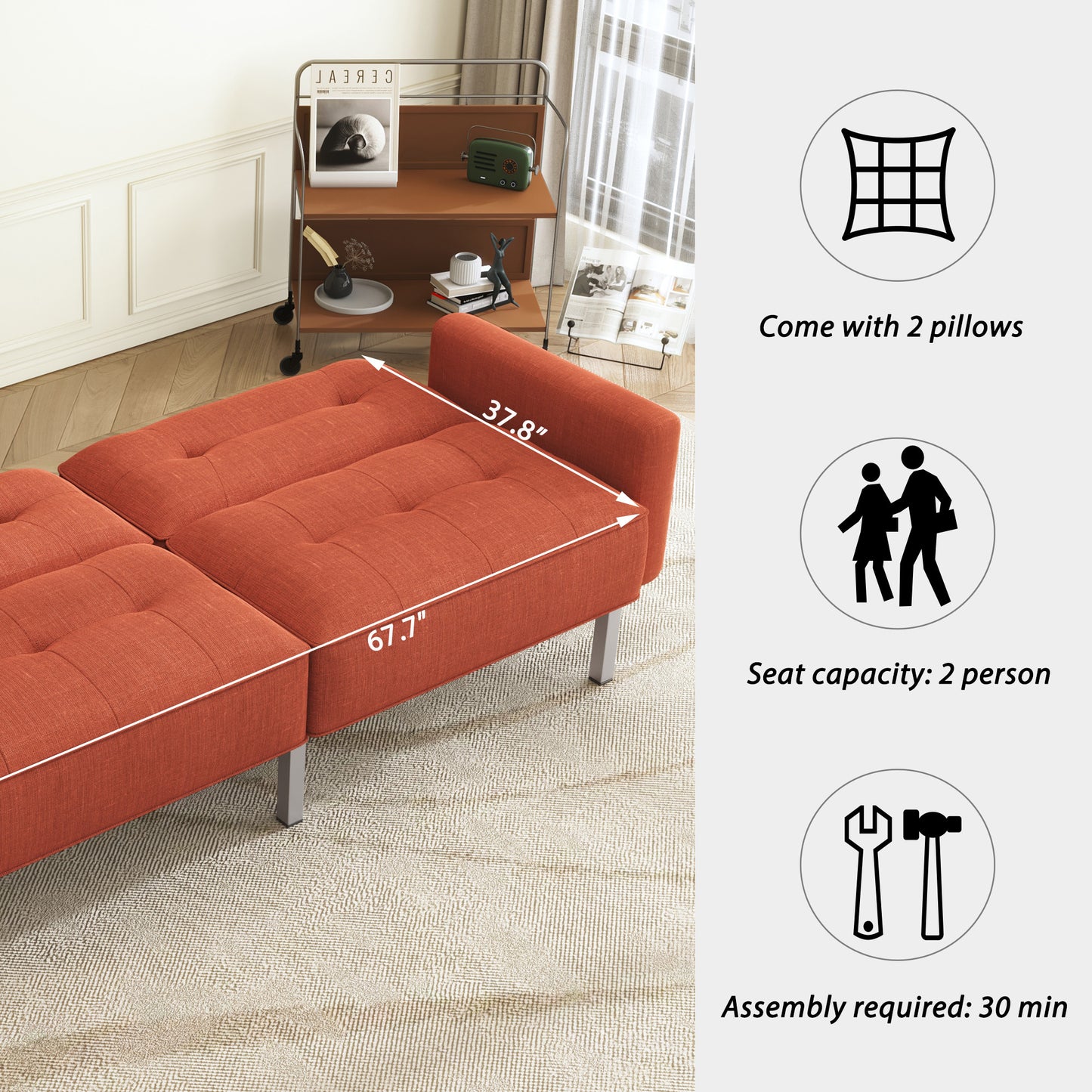 Linen Convertible Sofa Bed, Rust