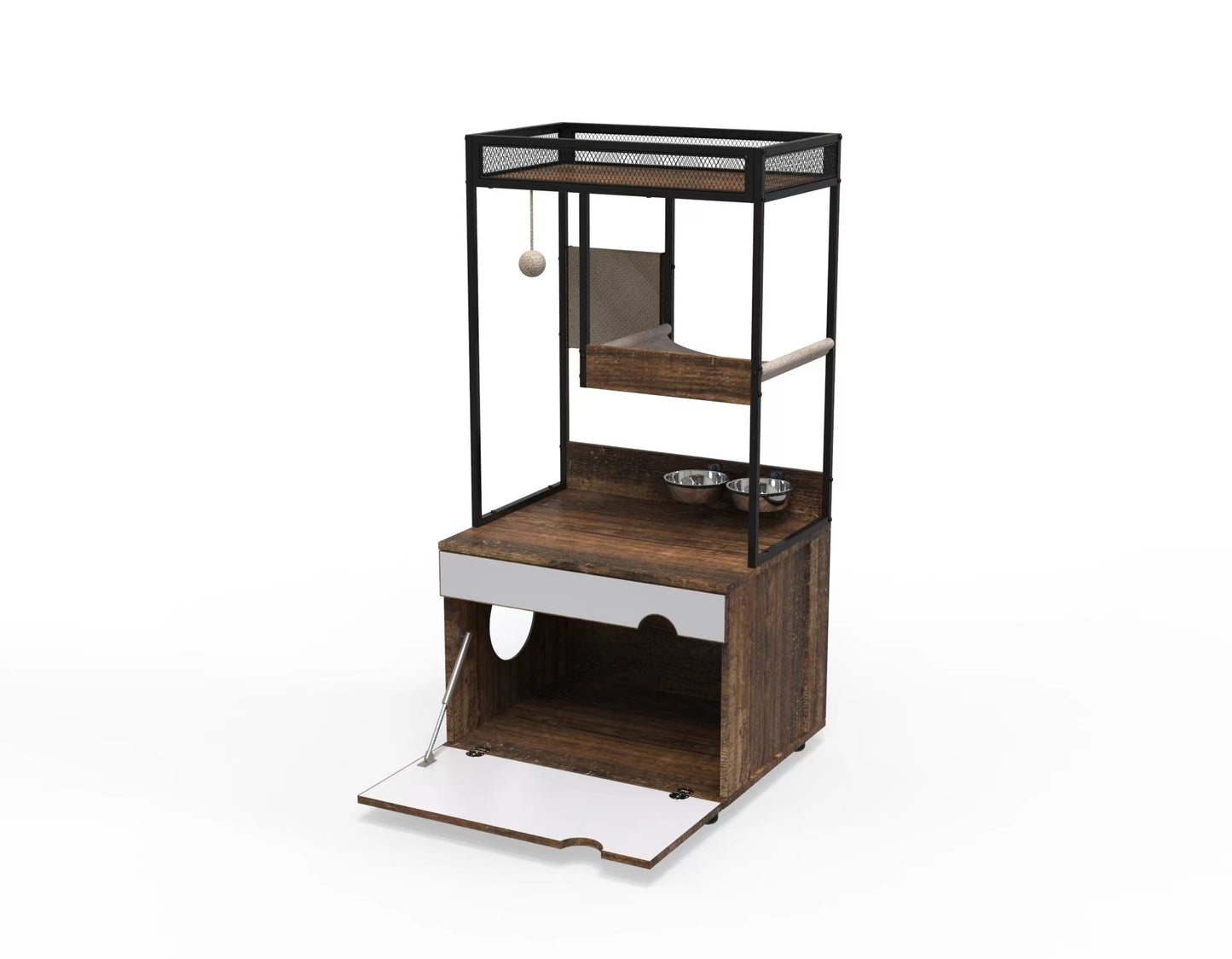 Cat Litter Box Enclosure with Cat Tree Tower, White + Walnut