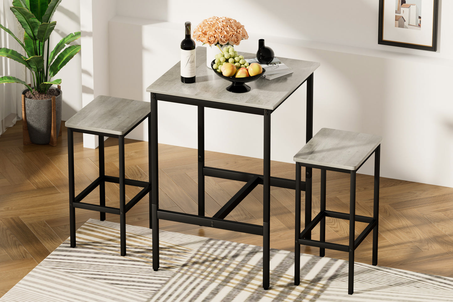 Square Industrial Bar Table Set with 2 Chairs