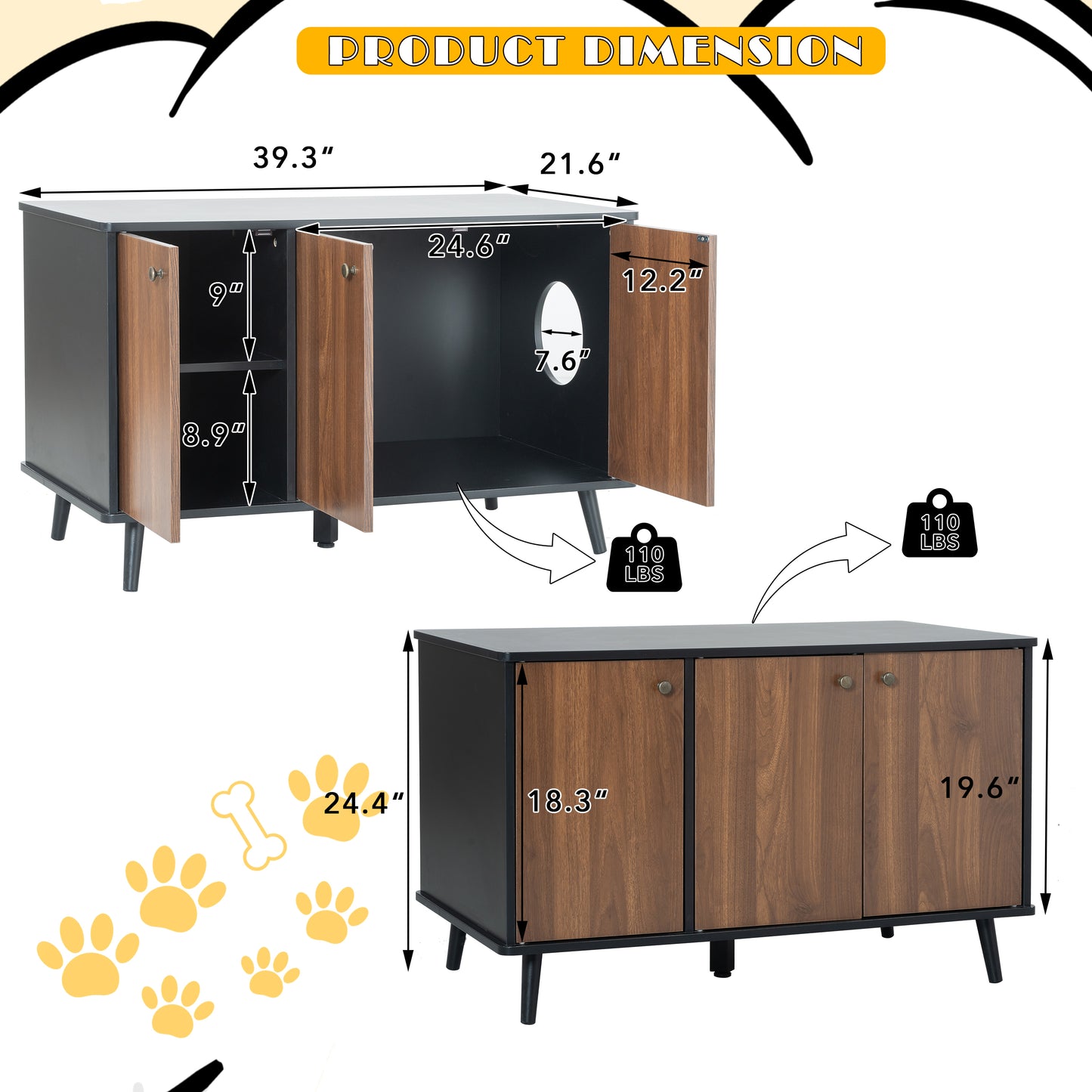 Cat Litter Box Furniture with Hidden Plug, 3 Doors, Walnut and Black