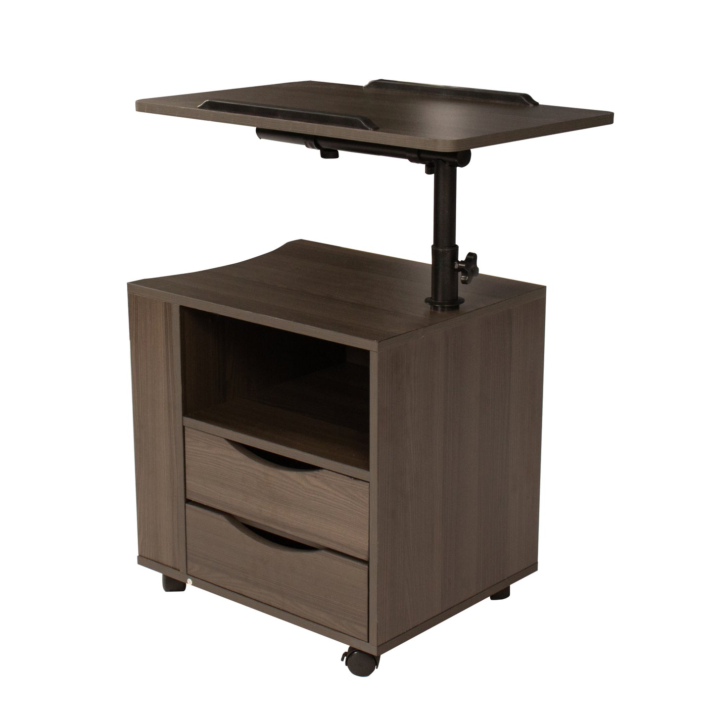 Brown Oak Height Adjustable End Table Nightstand with Swivel Top and Wheels