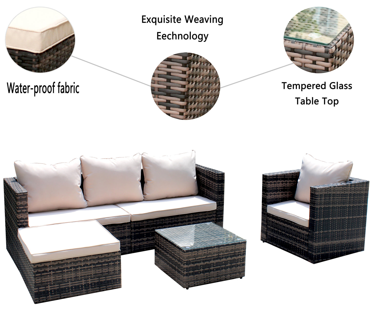 Rattan Patio Furniture 4-Piece Set with Sectional Sofa