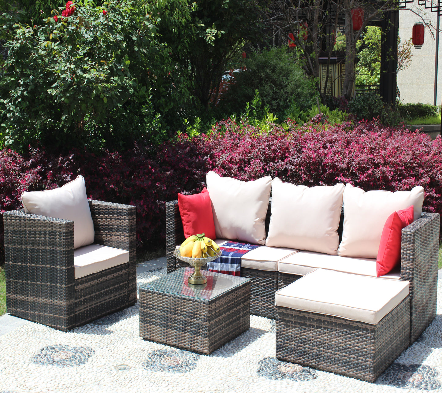 Rattan Patio Furniture 4-Piece Set with Sectional Sofa