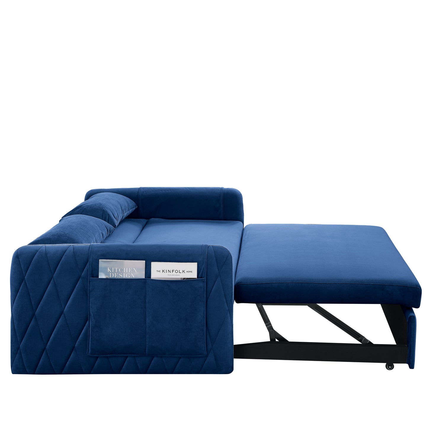 Tufted Blue Modern Convertible Sofa Bed with Detachable Arm Pockets