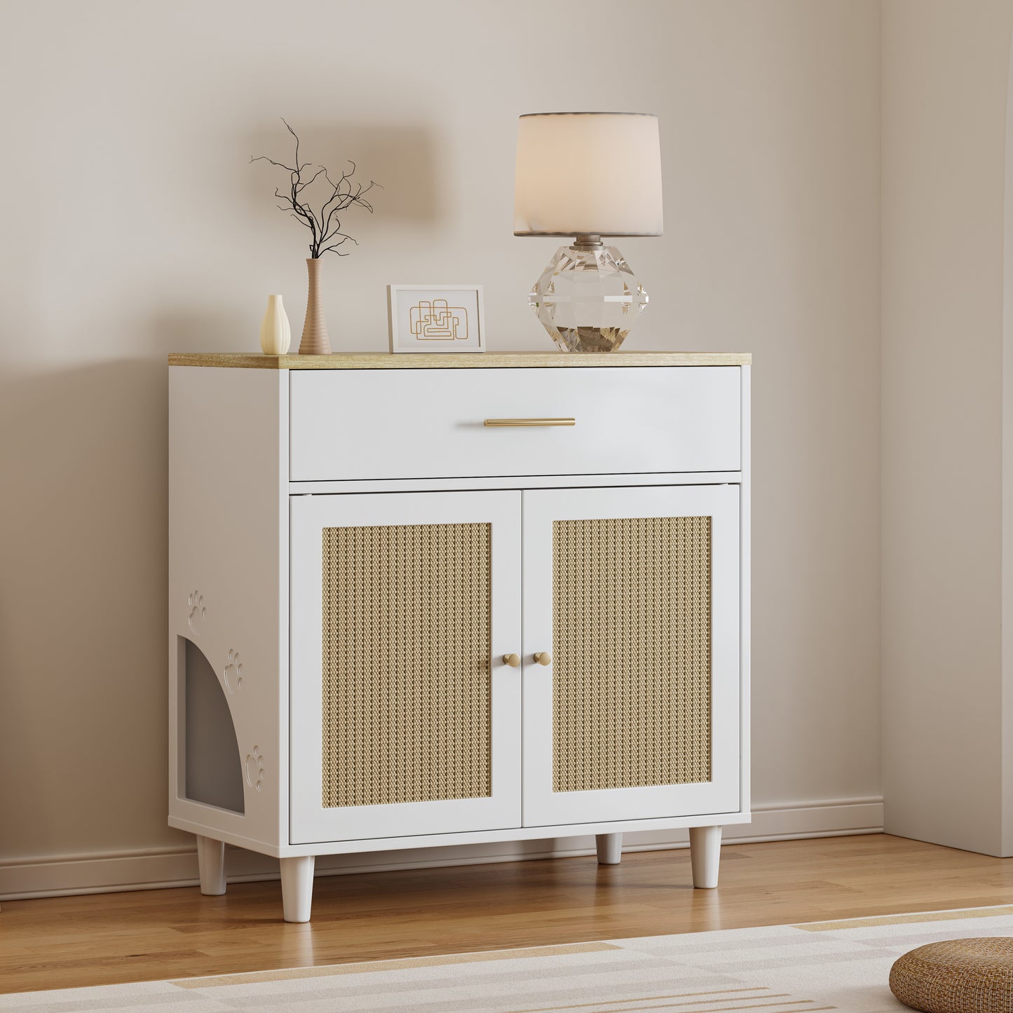 Cat Litter Box Enclosure, White with Scratch Pad Doors