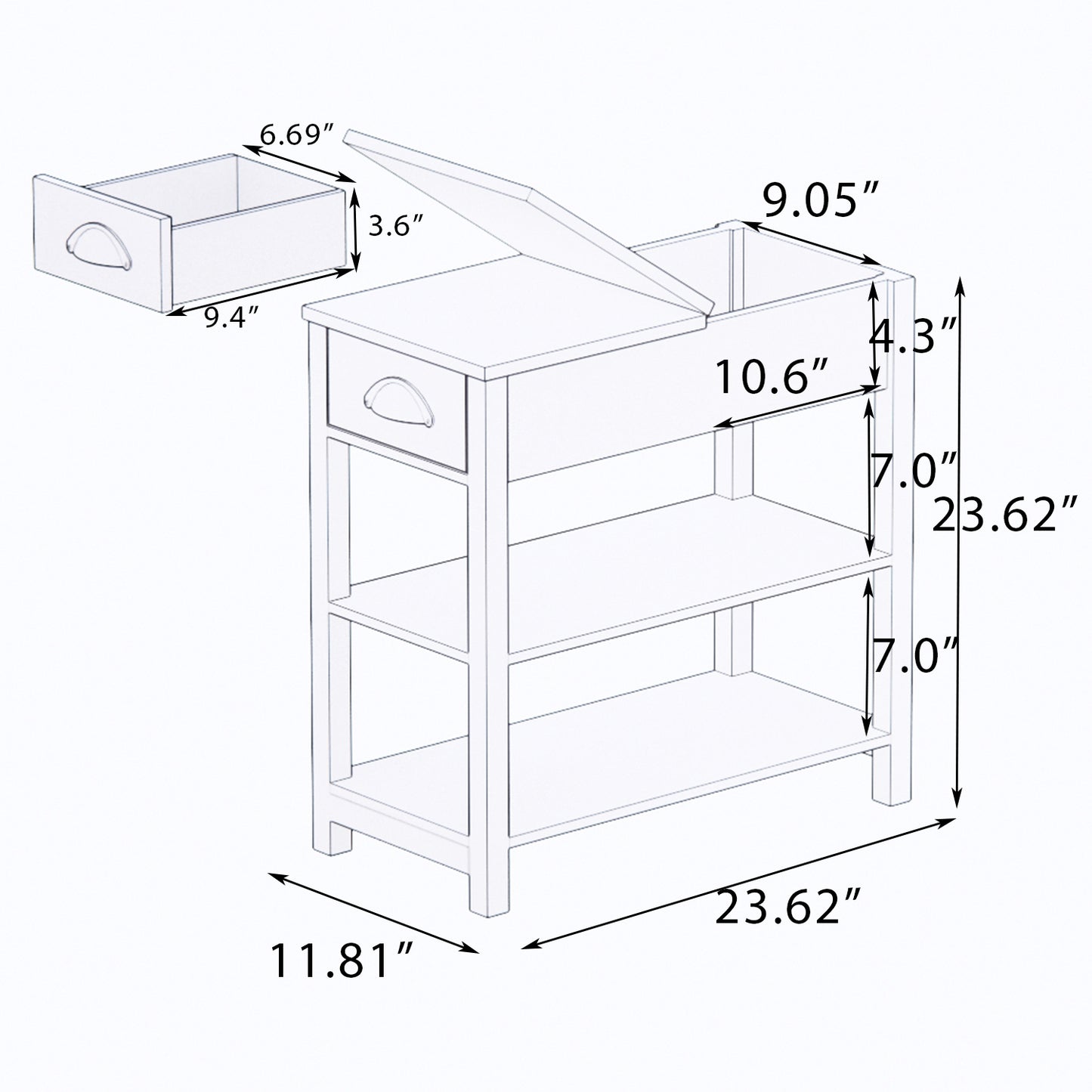 Narrow Side Table with Drawers and Flip-up Design, White