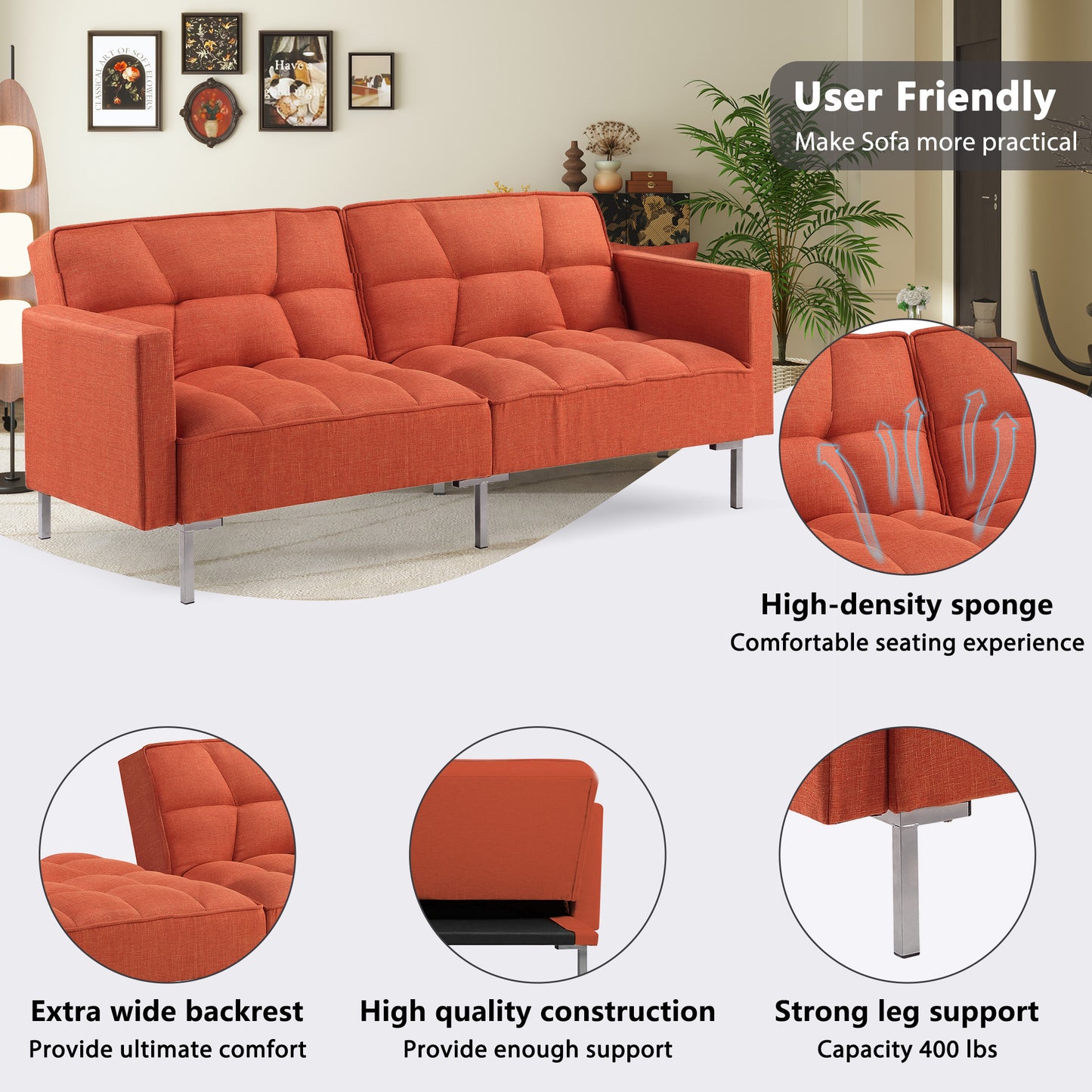 Linen Convertible Sofa Bed, Rust
