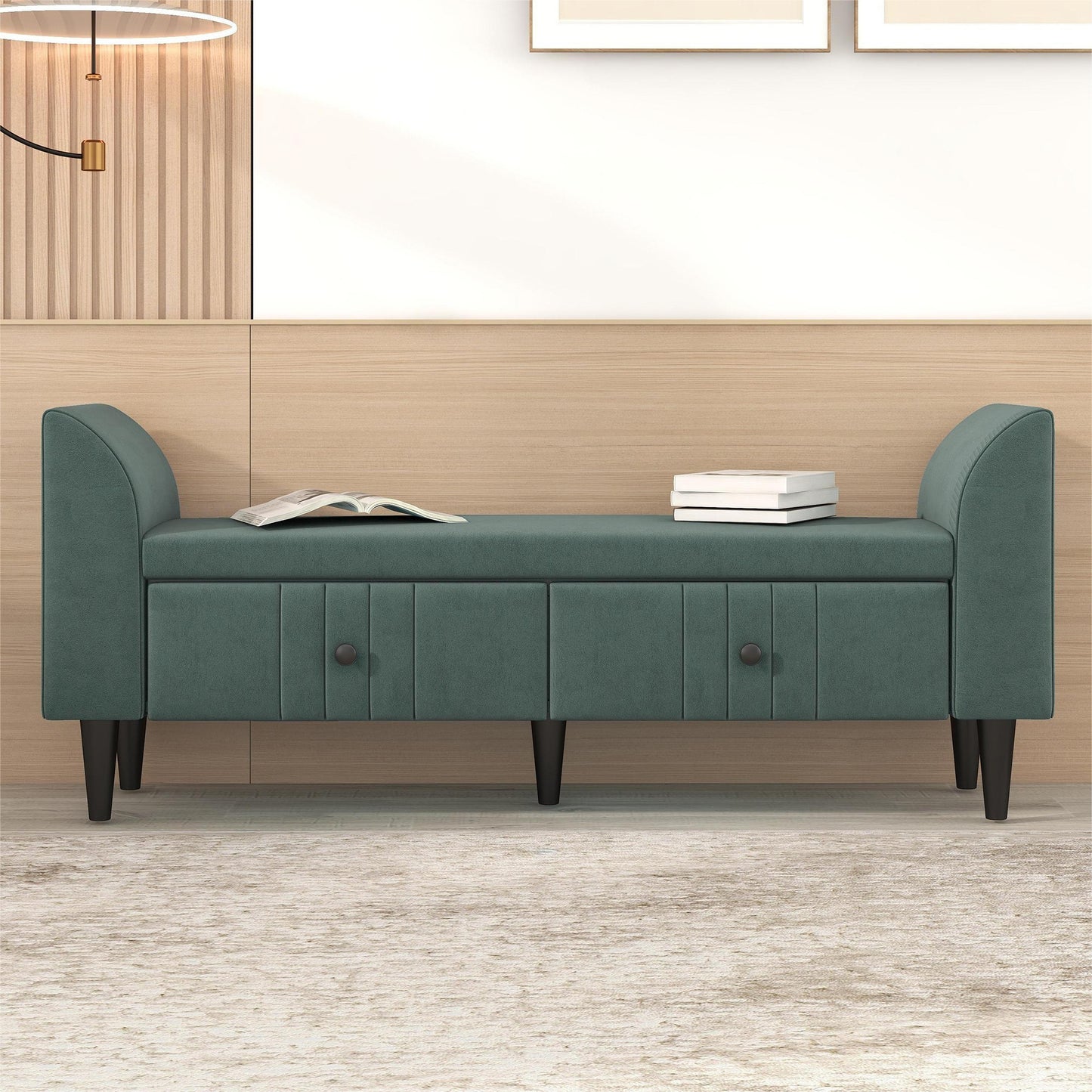 Green Upholstered Storage Ottoman Bench with Drawers