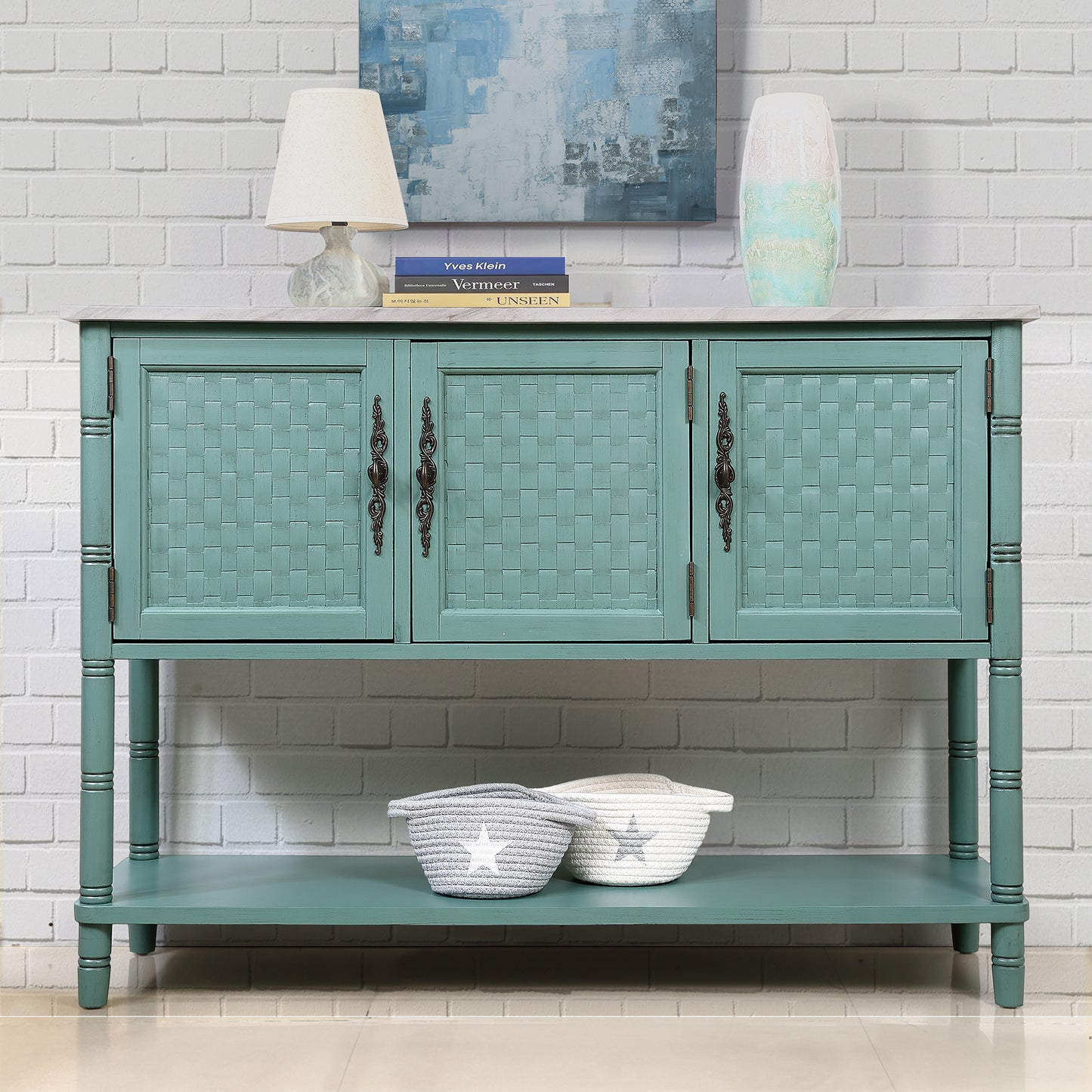 Green Console Table with Marble-Look Top for Any Room