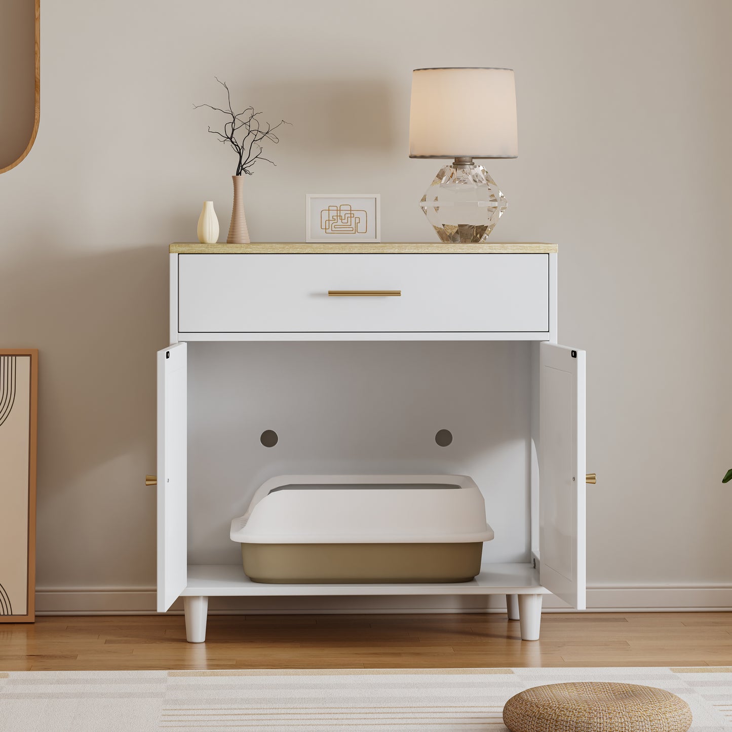 Cat Litter Box Enclosure, White with Scratch Pad Doors