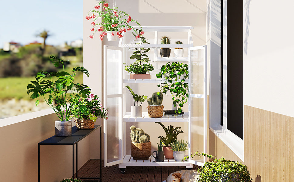Small Greenhouse on Wheels with Adjustable Shelves for Outdoor or Indoor Use, 62inches tall, White