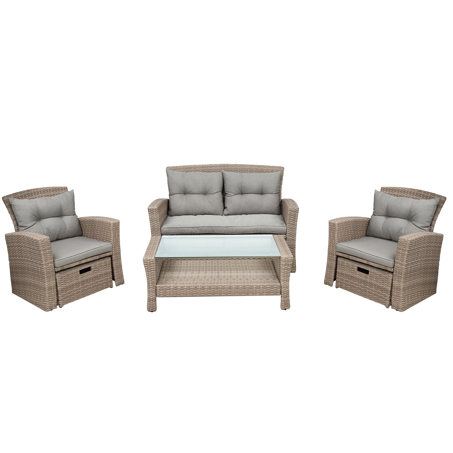 4 Piece Tan Outdoor Wicker Conversation Set with Storage Ottomans