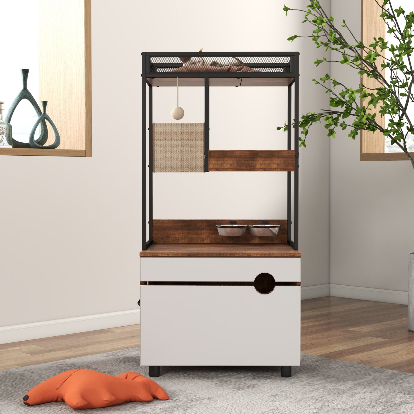 Cat Litter Box Enclosure with Cat Tree Tower, White + Walnut