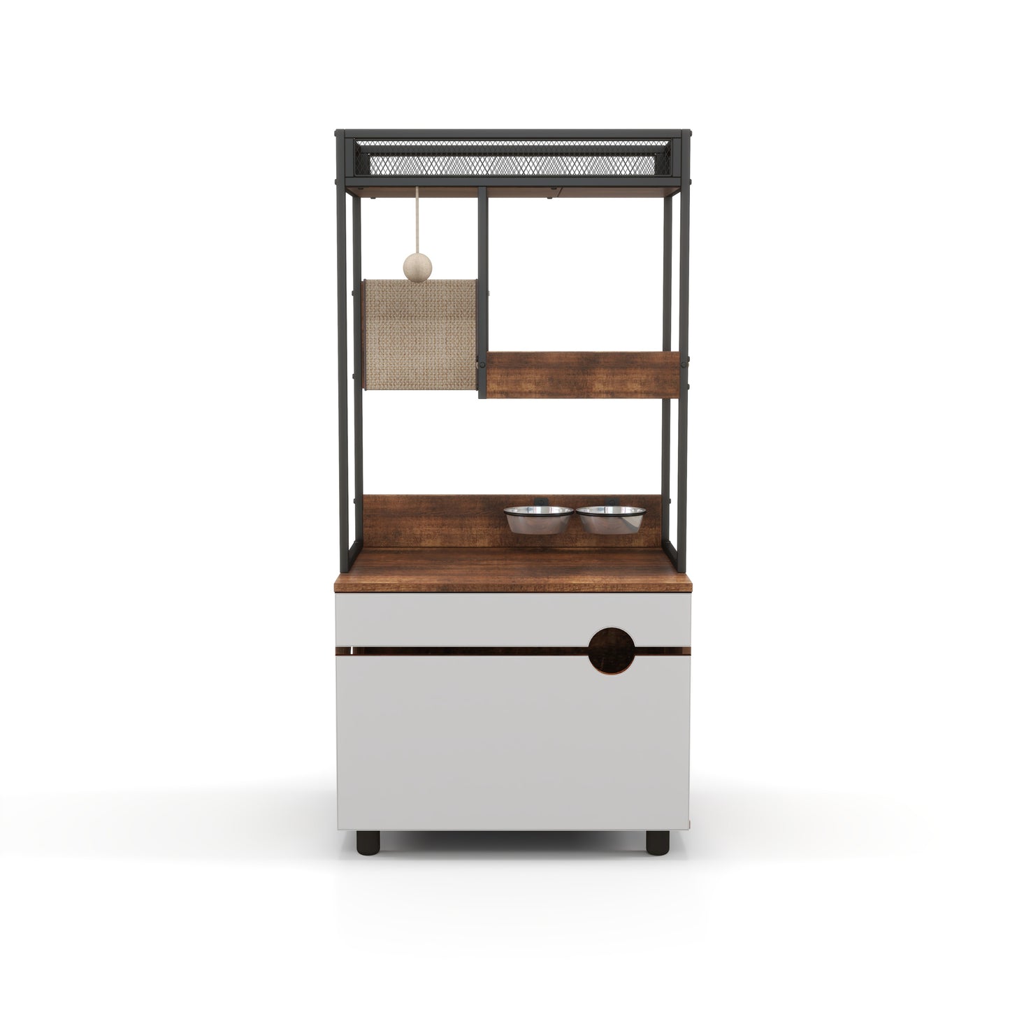 Cat Litter Box Enclosure with Cat Tree Tower, White + Walnut
