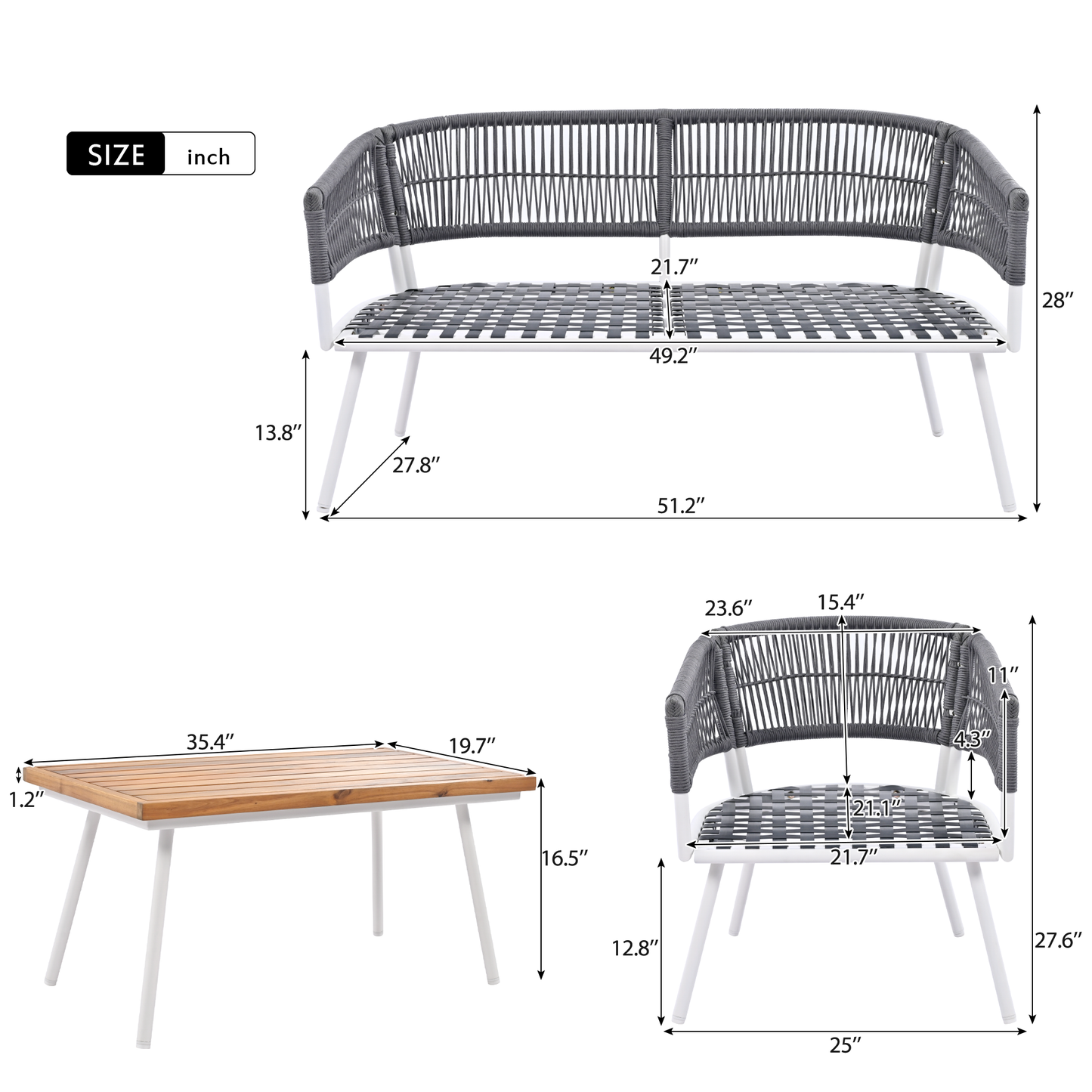 Grey 4-Piece Boho Rope Patio Furniture Set