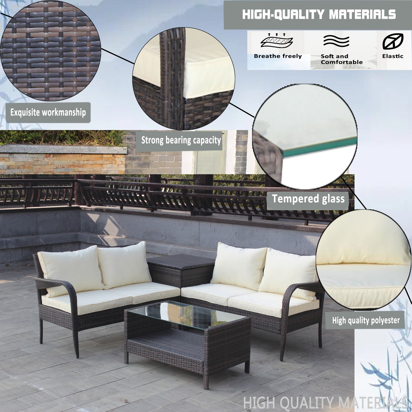 4 Piece Patio Sectional Outdoor Furniture Sofa Set with Storage Box
