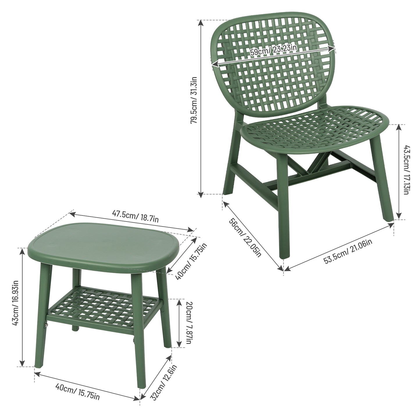 3 Pieces Hollow Design Retro Patio Table Chair Set All Weather Conversation Bistro Set Outdoor Table with Open Shelf and Lounge Chairs with Widened Seat for Balcony Garden Yard Green