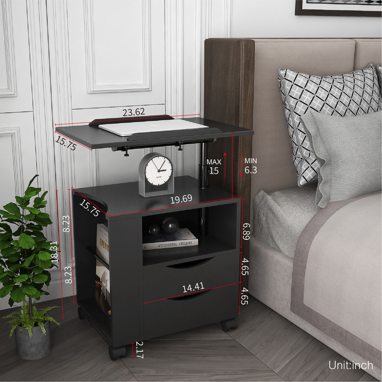 Black Height Adjustable End Table Nightstand with Swivel Top and Wheels