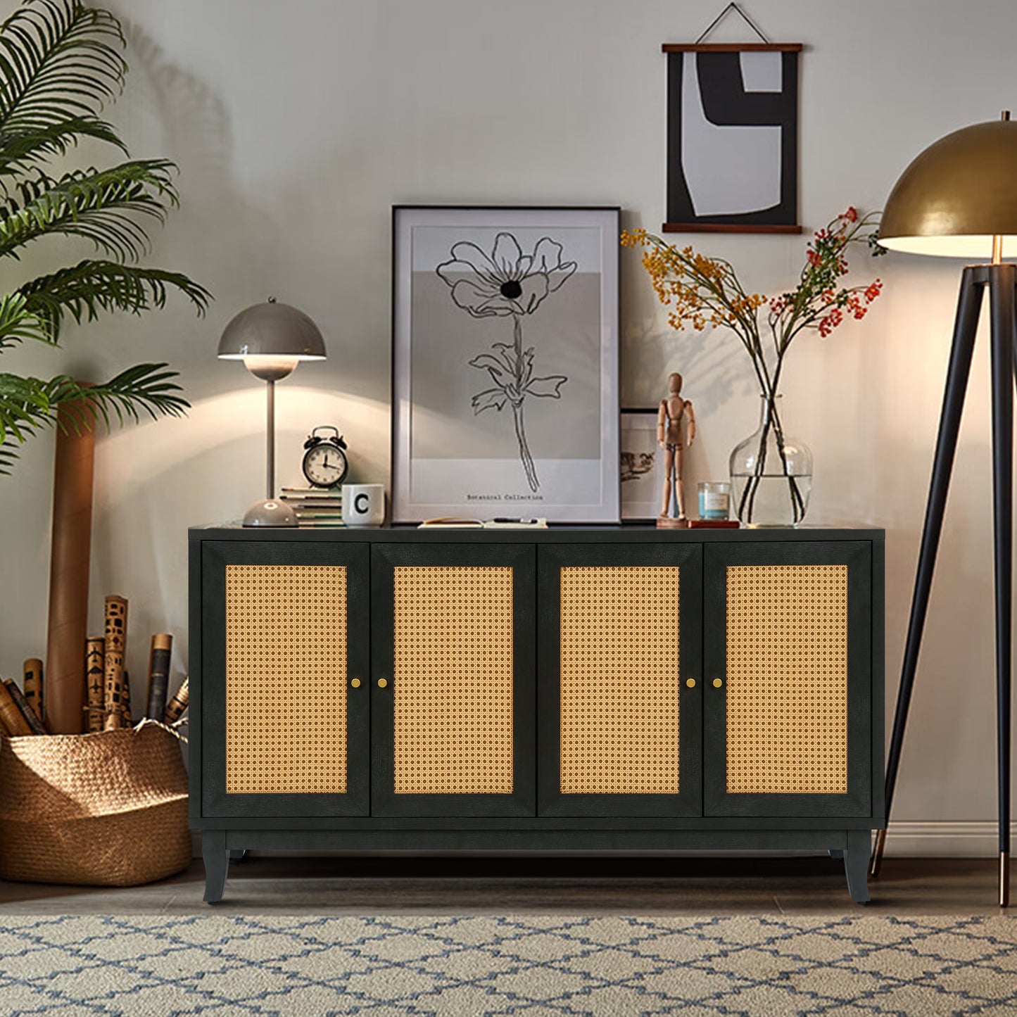Handcrafted Rattan Sideboard Buffet Cabinet in Black
