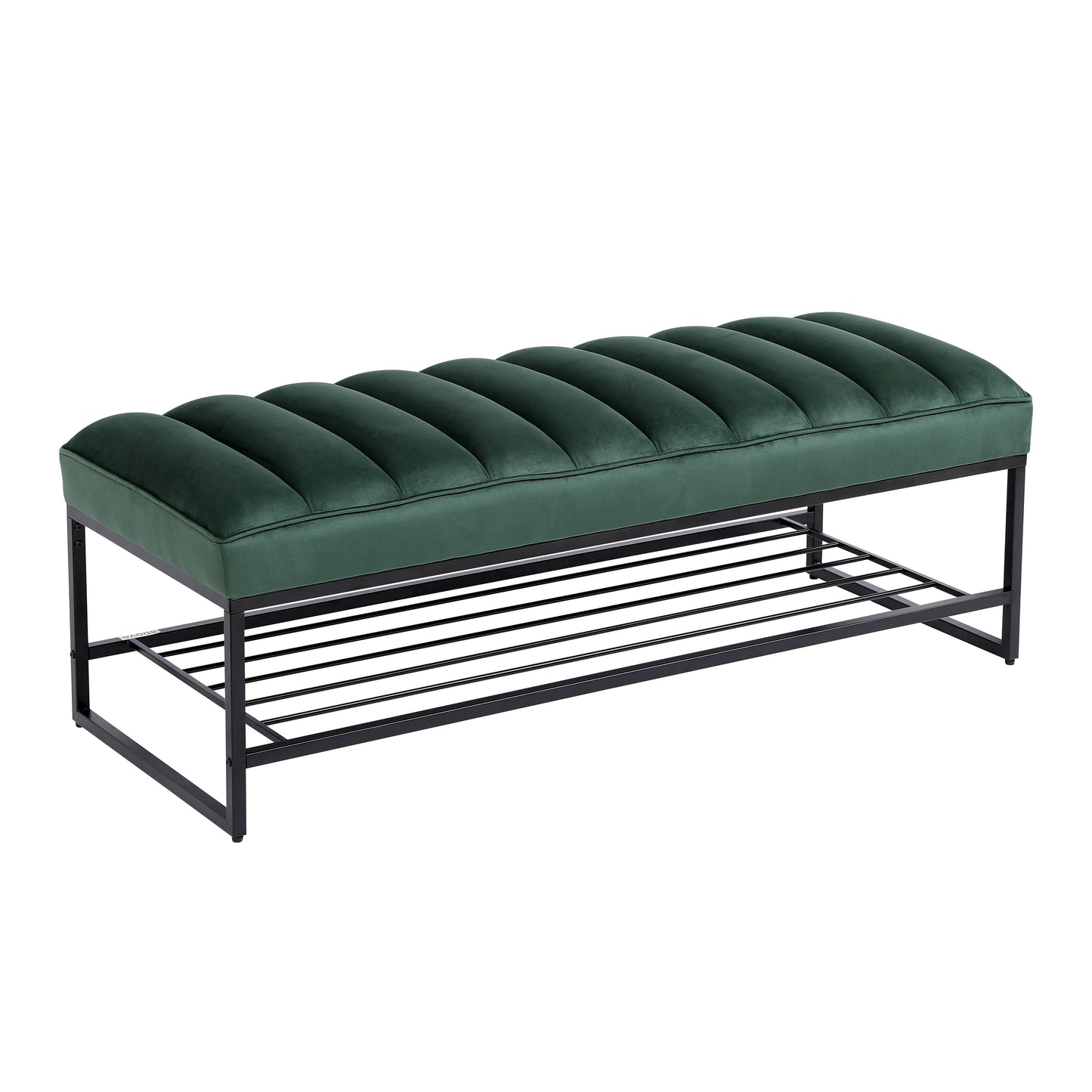 Green Velvet Channel Tufted Ottoman Bench with Storage Shelf