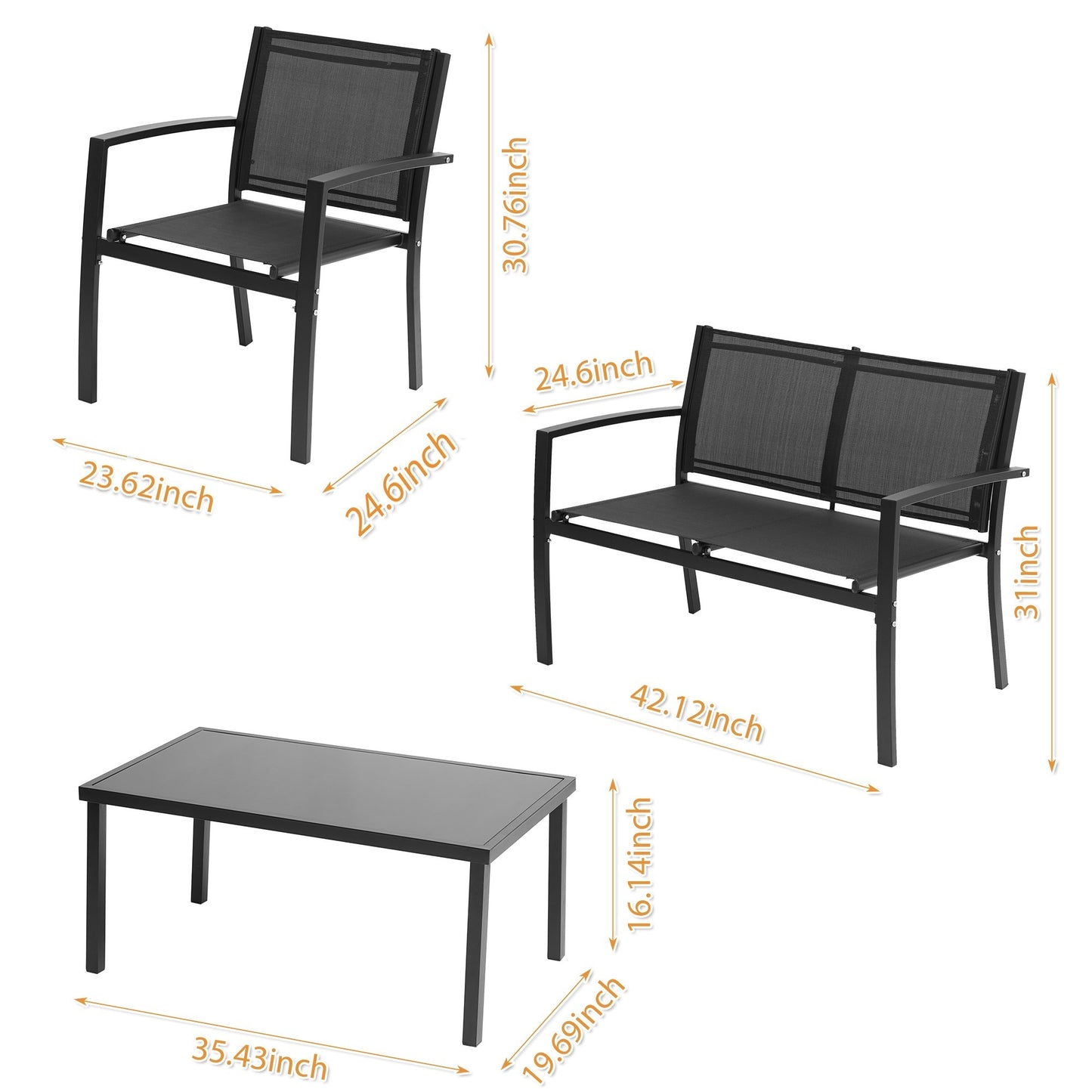 4 Piece Patio Conversation Set, Black