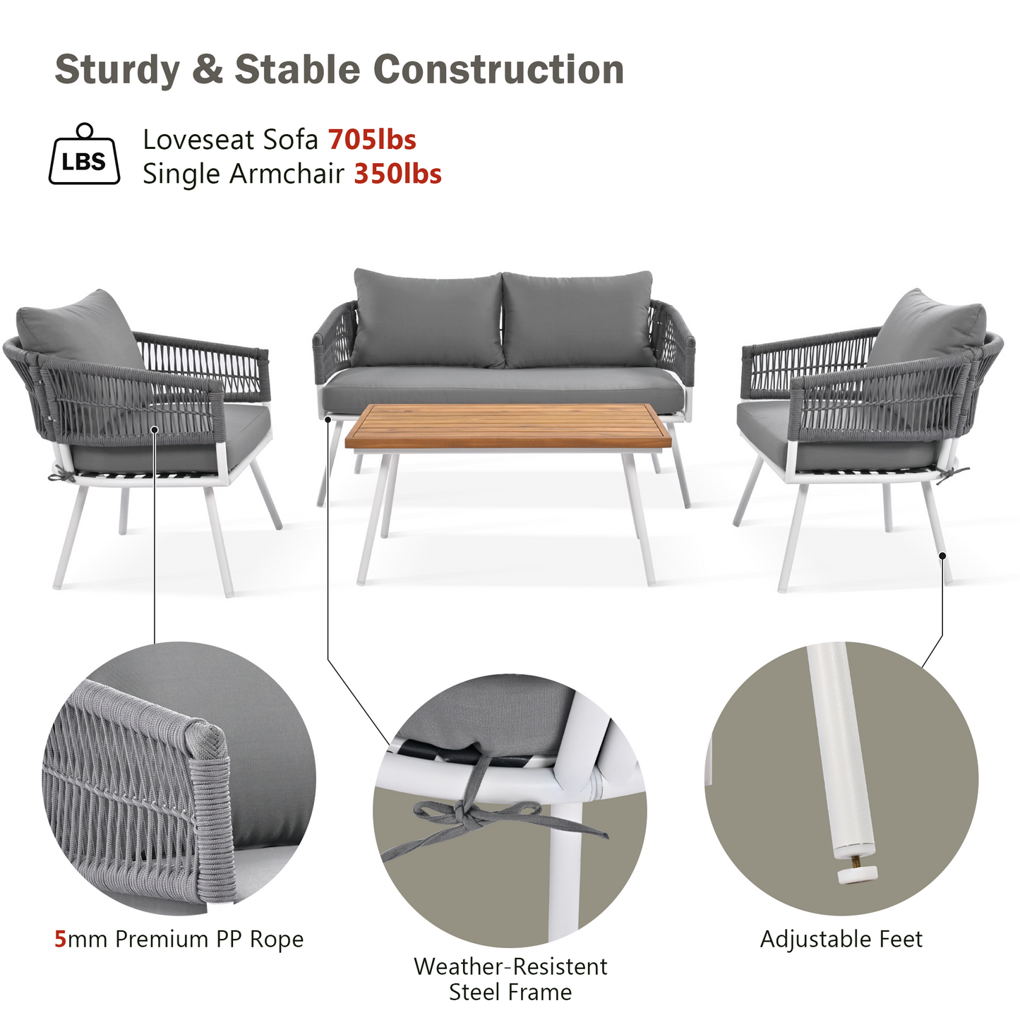 Grey 4-Piece Boho Rope Patio Furniture Set