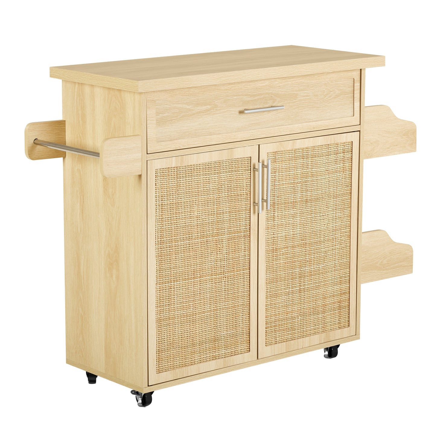 Rolling Contemporary Kitchen Island Cart on Wheels with Spice Racks, Natural