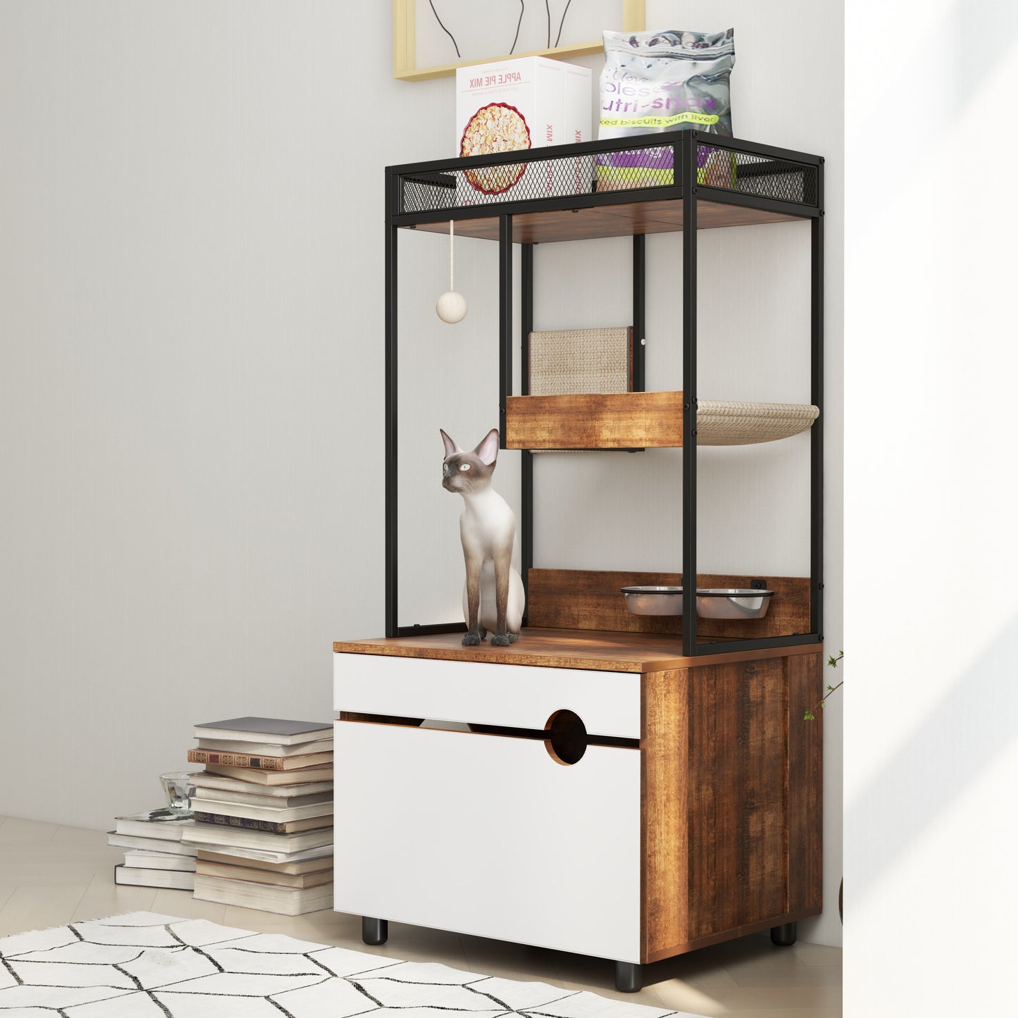 Cat Litter Box Enclosure with Cat Tree Tower, White + Walnut
