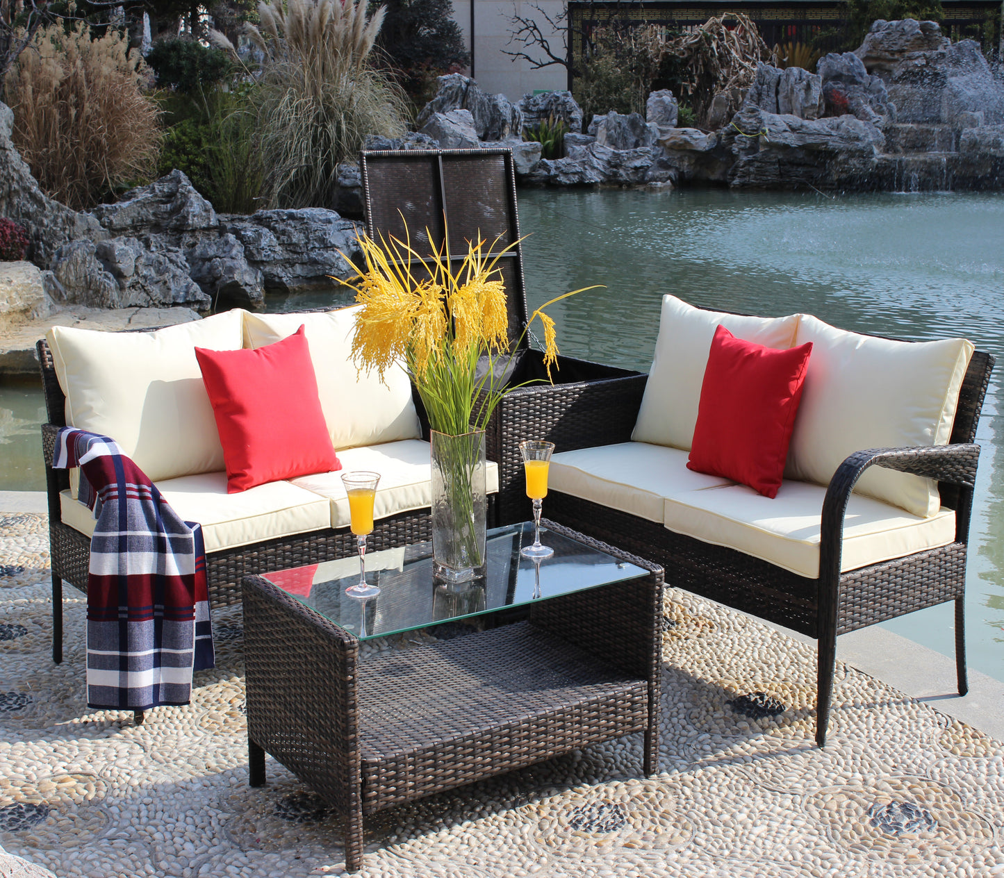 4 Piece Patio Sectional Outdoor Furniture Sofa Set with Storage Box
