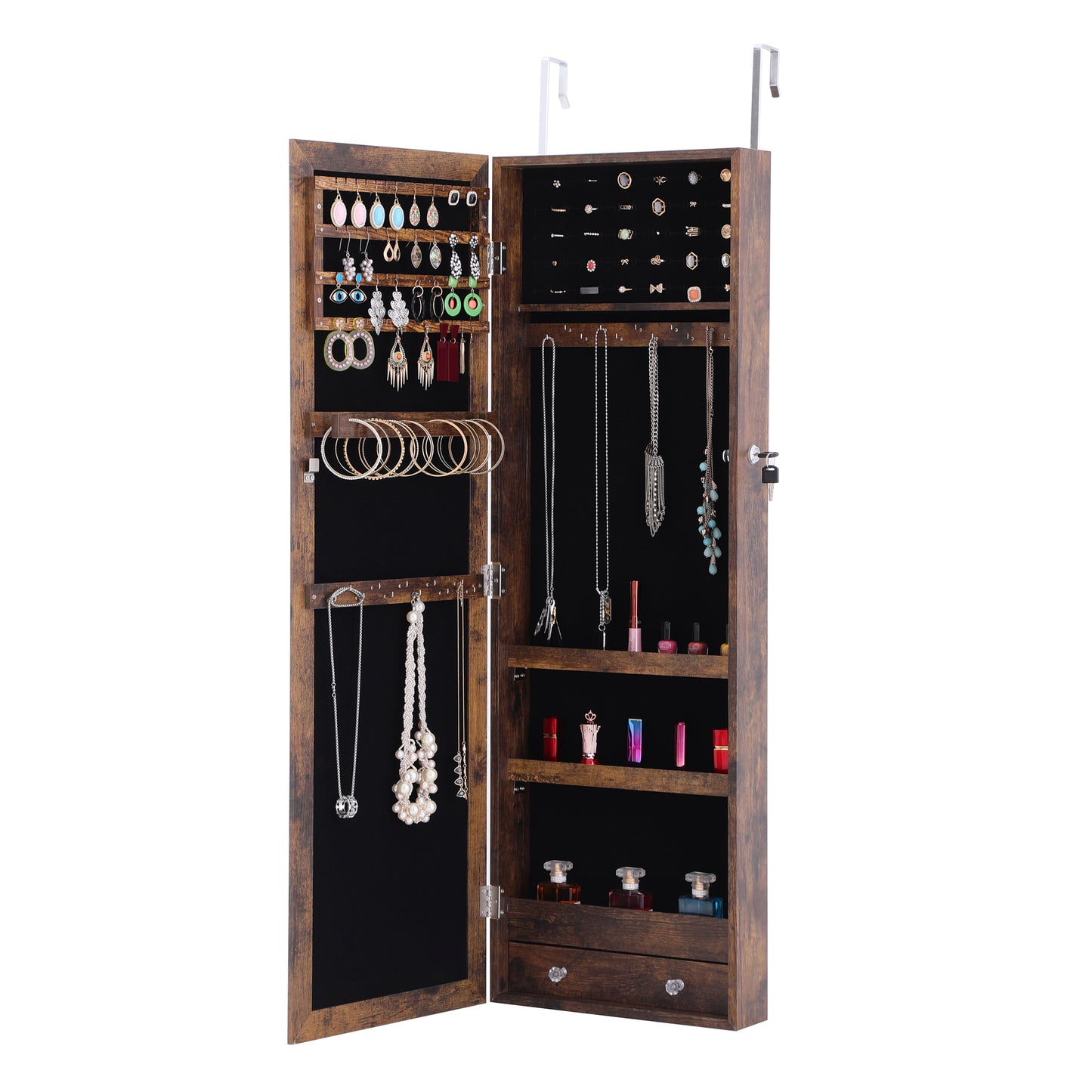Wall or Door Hung Jewelry Storage Mirror Cabinet, Wood Finish