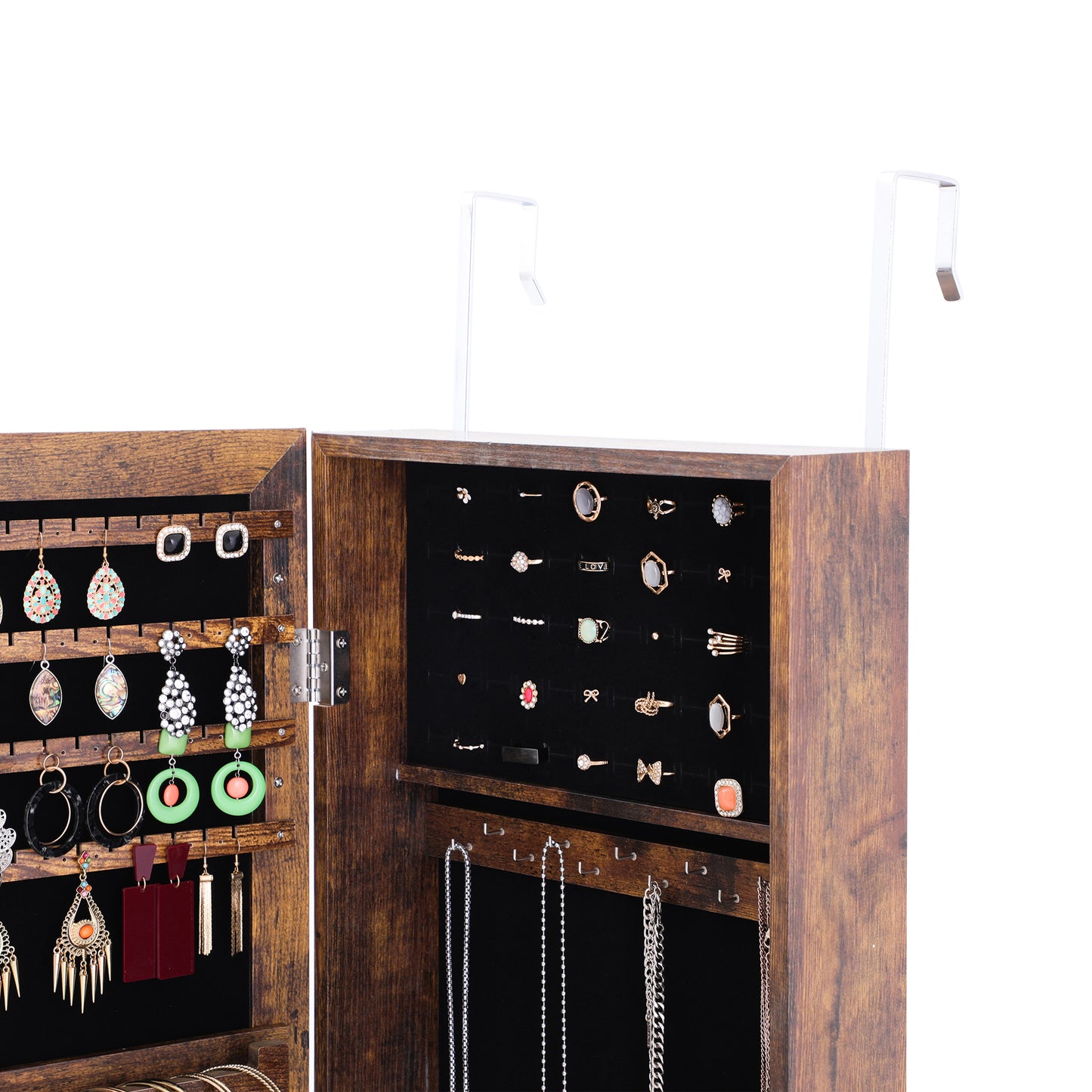 Wall or Door Hung Jewelry Storage Mirror Cabinet, Wood Finish
