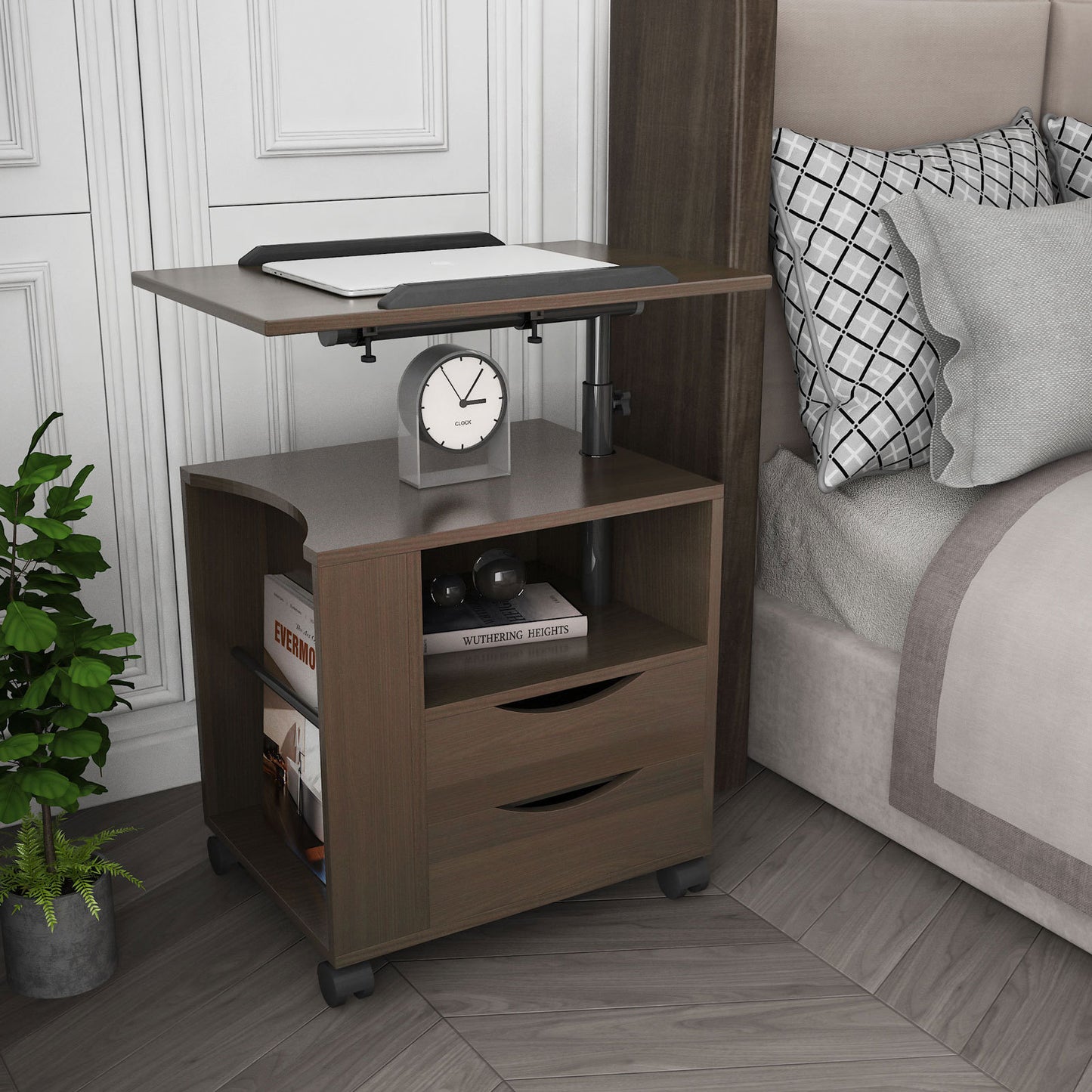 Brown Oak Height Adjustable End Table Nightstand with Swivel Top and Wheels