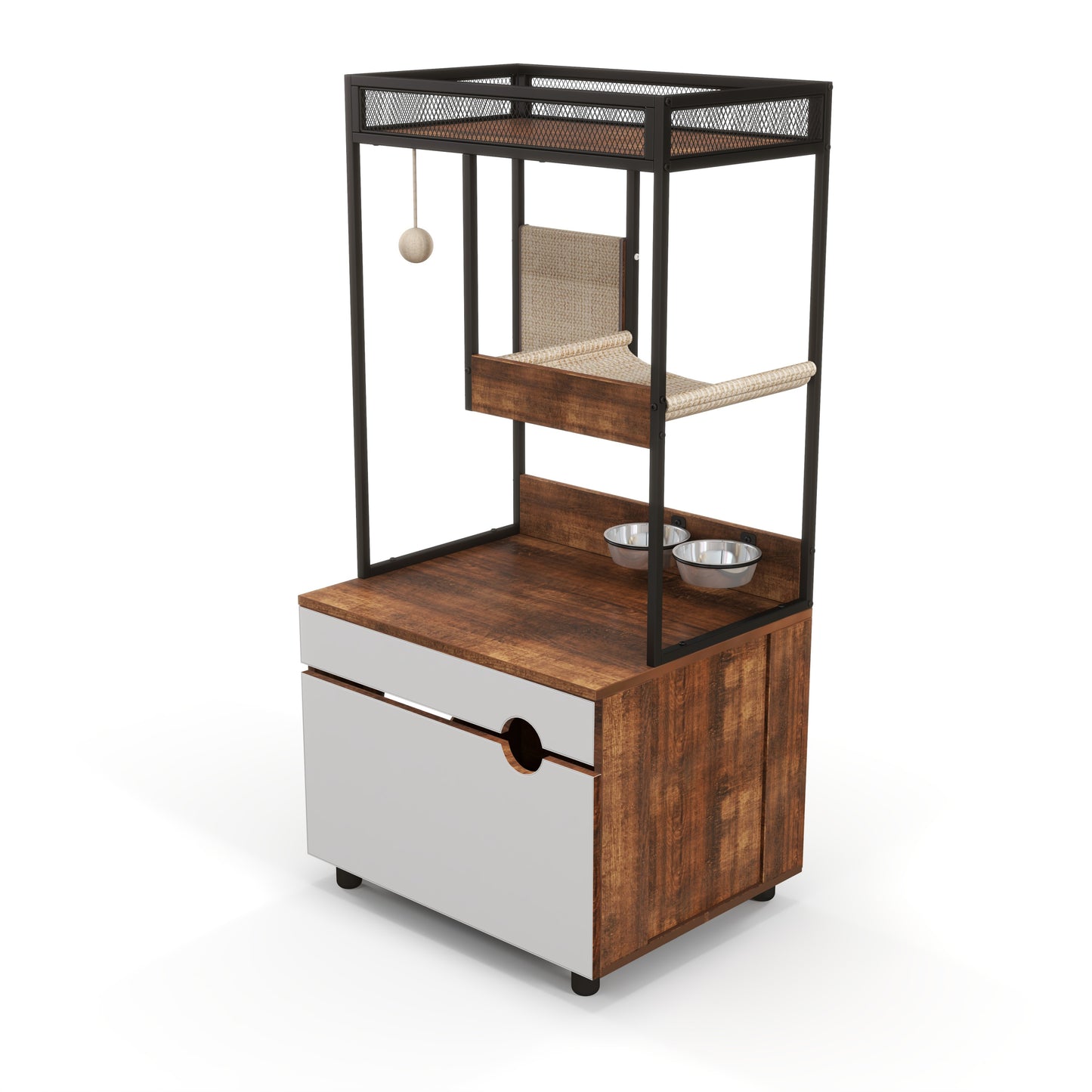 Cat Litter Box Enclosure with Cat Tree Tower, White + Walnut