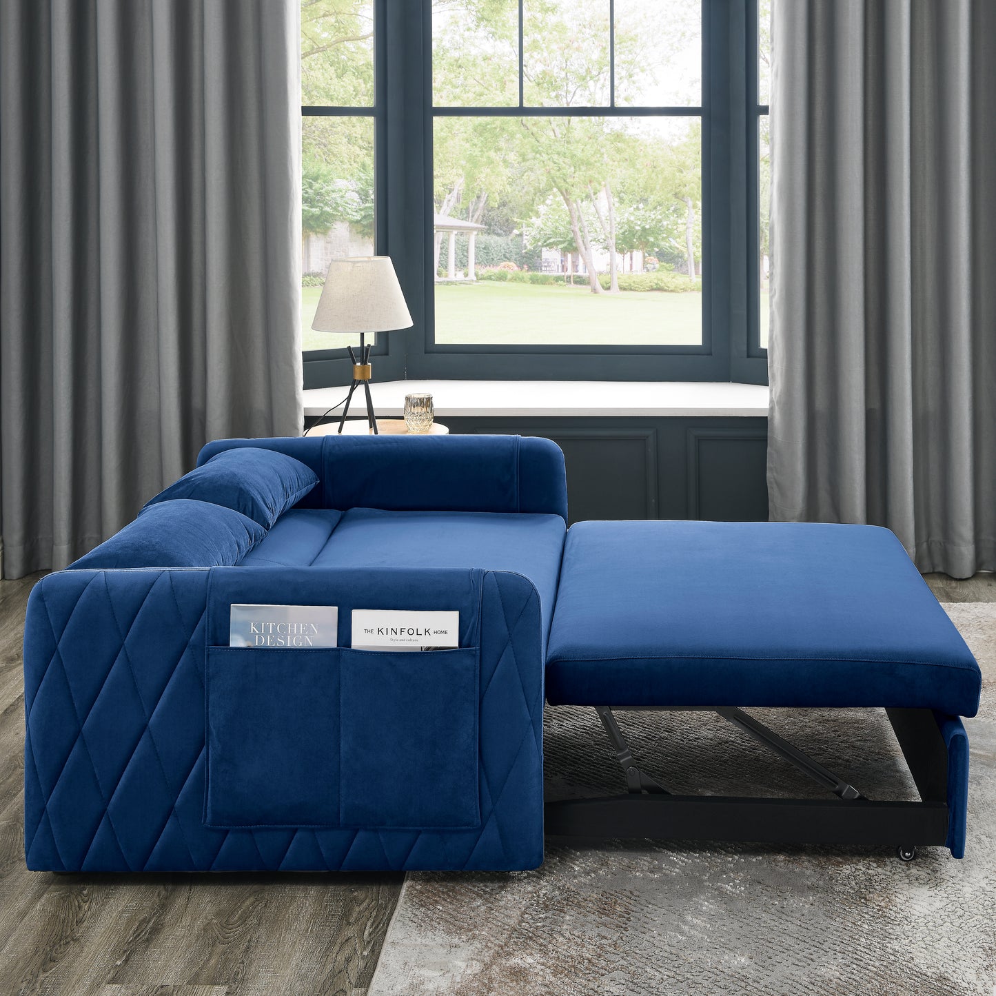 Tufted Blue Modern Convertible Sofa Bed with Detachable Arm Pockets