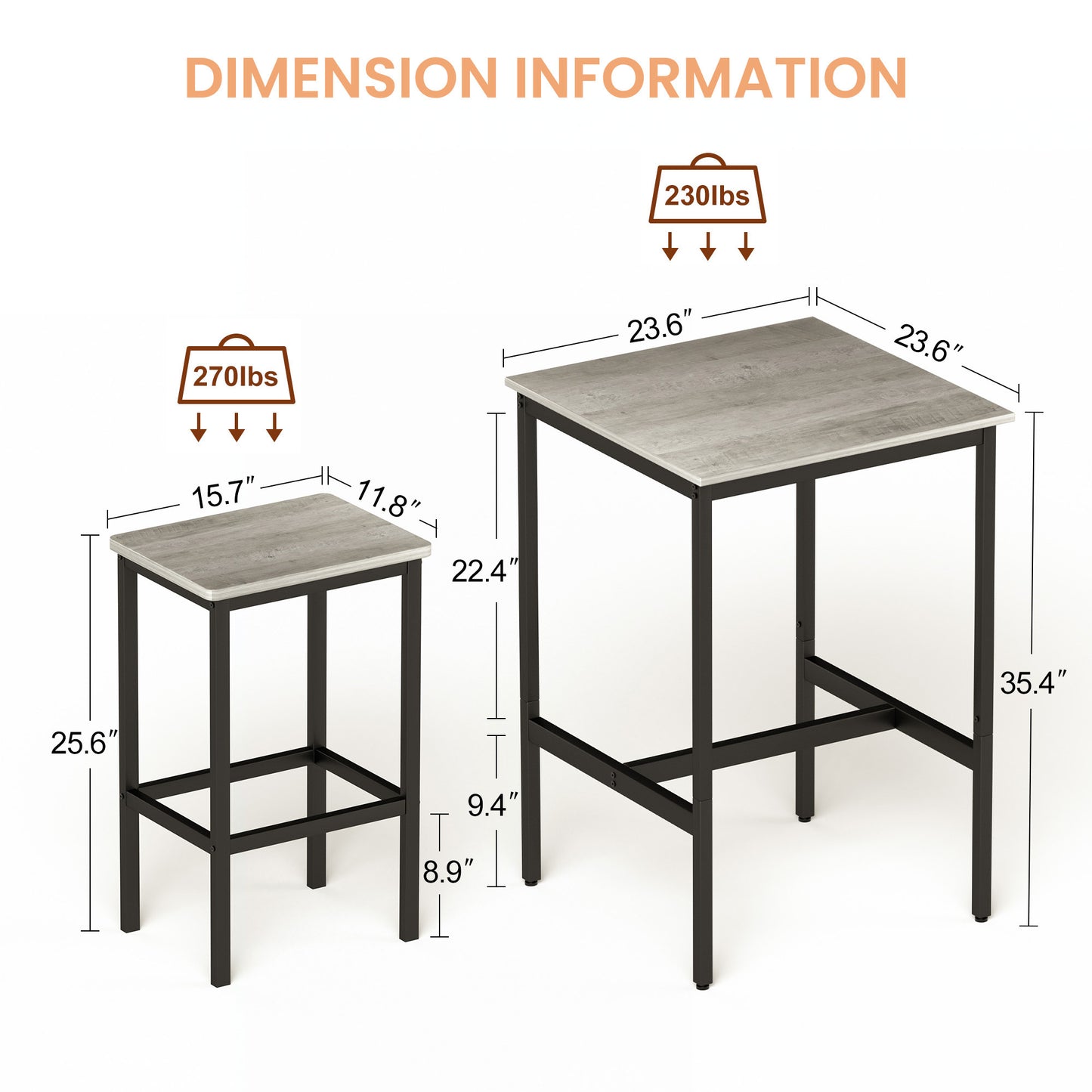 Square Industrial Bar Table Set with 2 Chairs