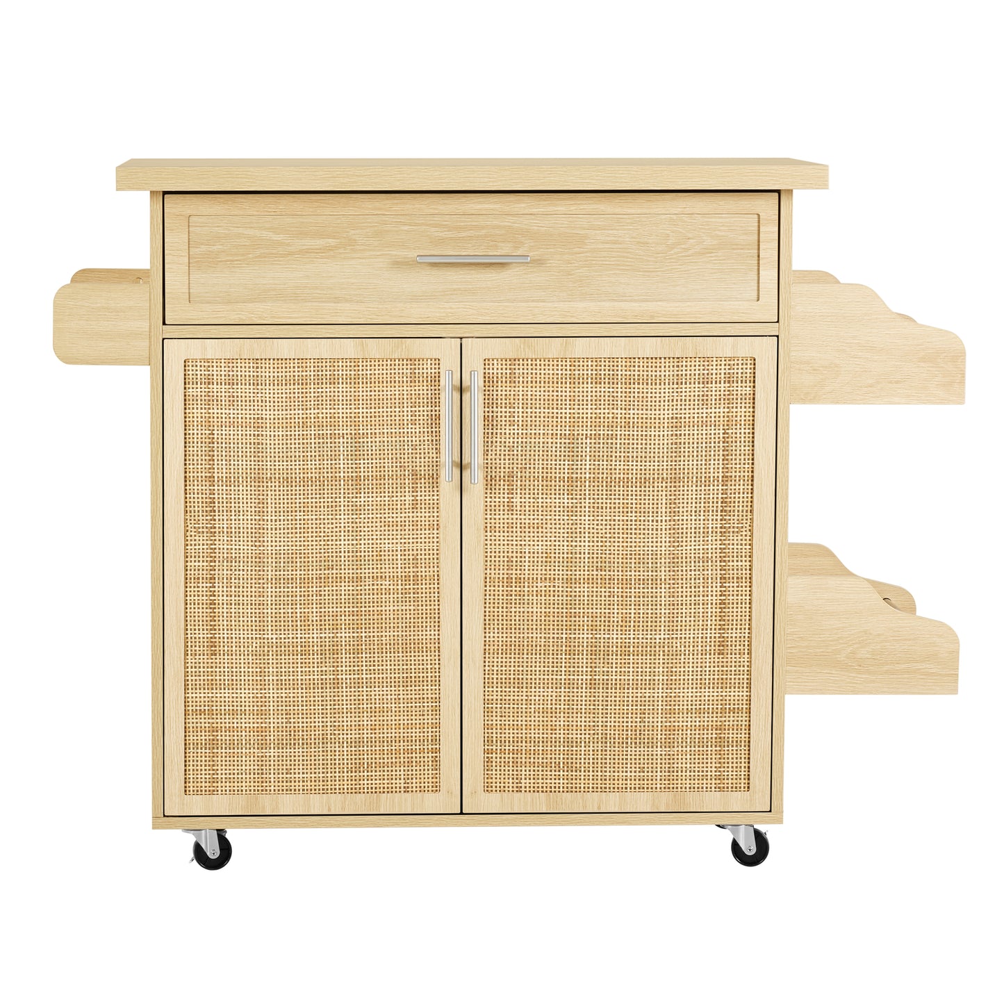 Rolling Contemporary Kitchen Island Cart on Wheels with Spice Racks, Natural