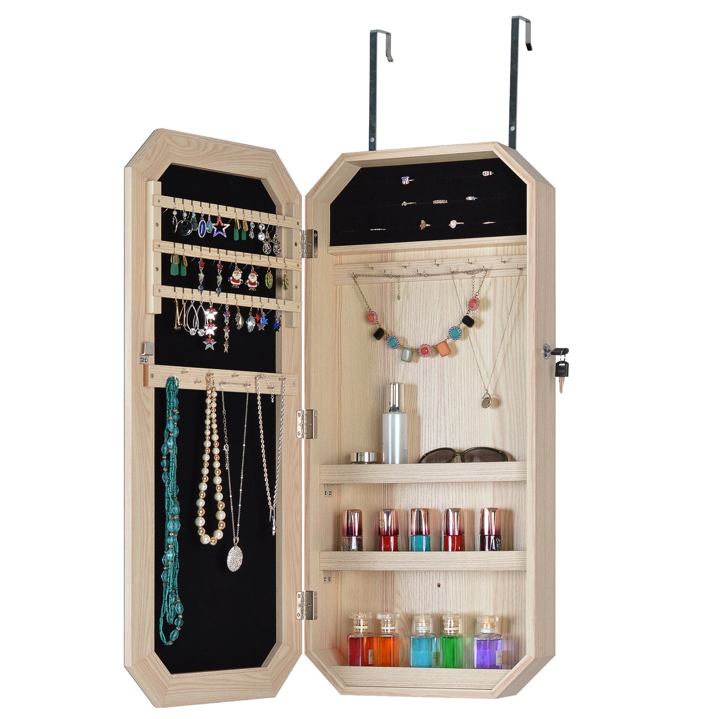 Hanging Mirror with Jewelry Storage Wood Finish