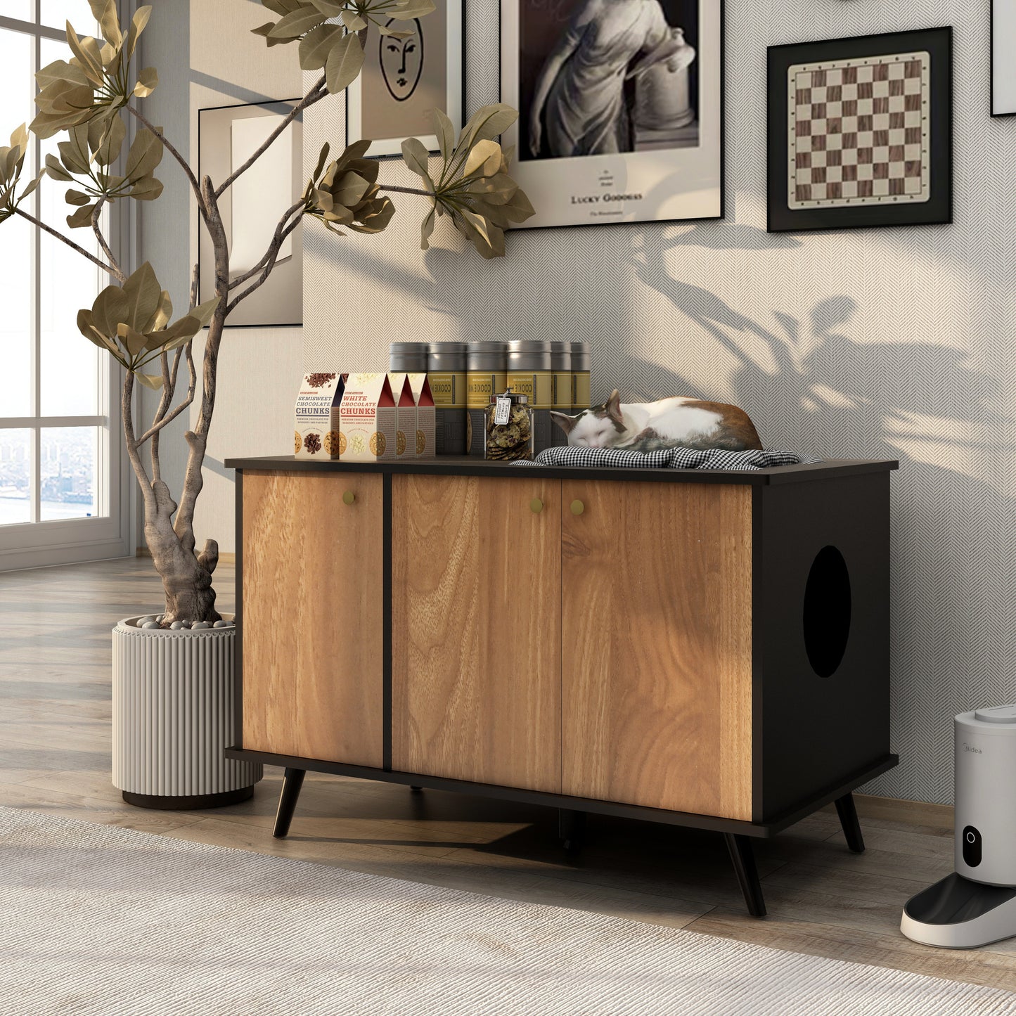 Cat Litter Box Furniture with Hidden Plug, 3 Doors, Walnut and Black