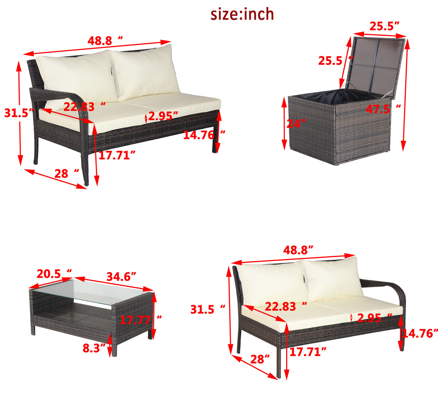 4 Piece Patio Sectional Outdoor Furniture Sofa Set with Storage Box