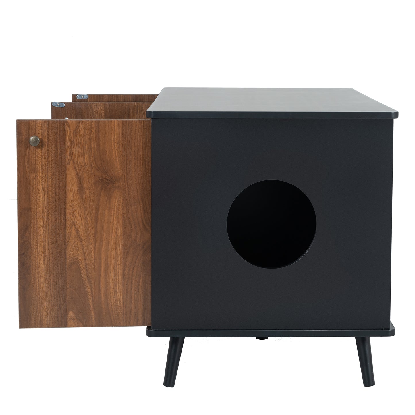Cat Litter Box Furniture with Hidden Plug, 3 Doors, Walnut and Black