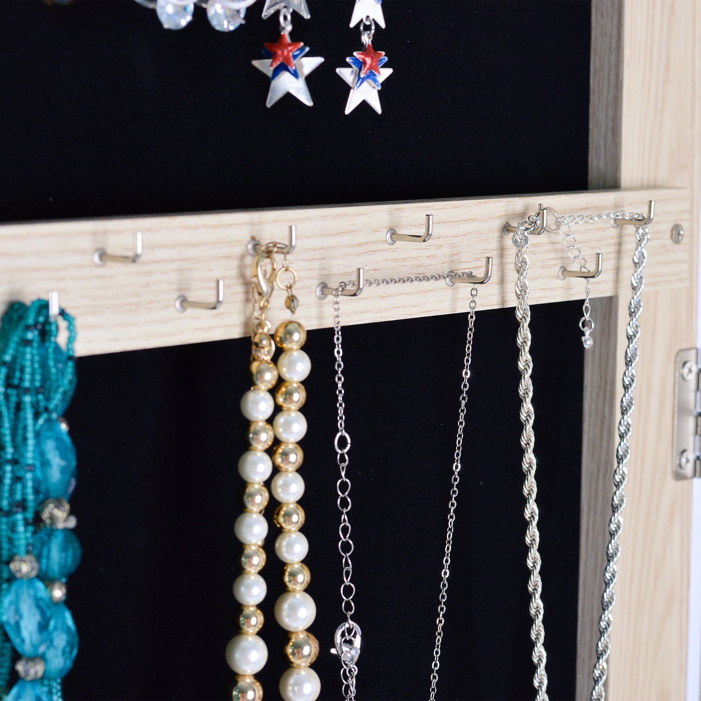 Hanging Mirror with Jewelry Storage Wood Finish