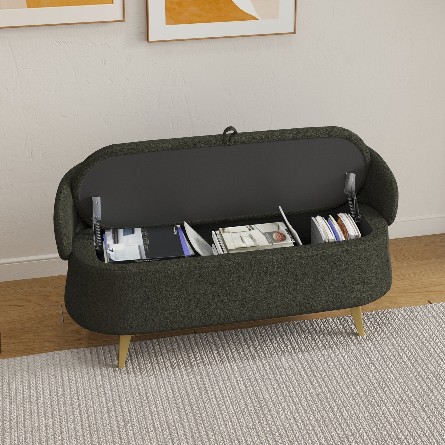 Green Plush Storage Bench