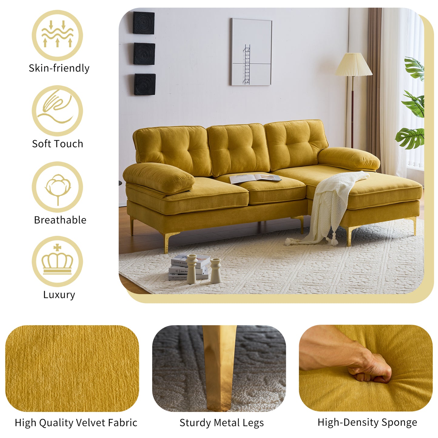 83" Modern Sectional L-Shaped Yellow Sofa