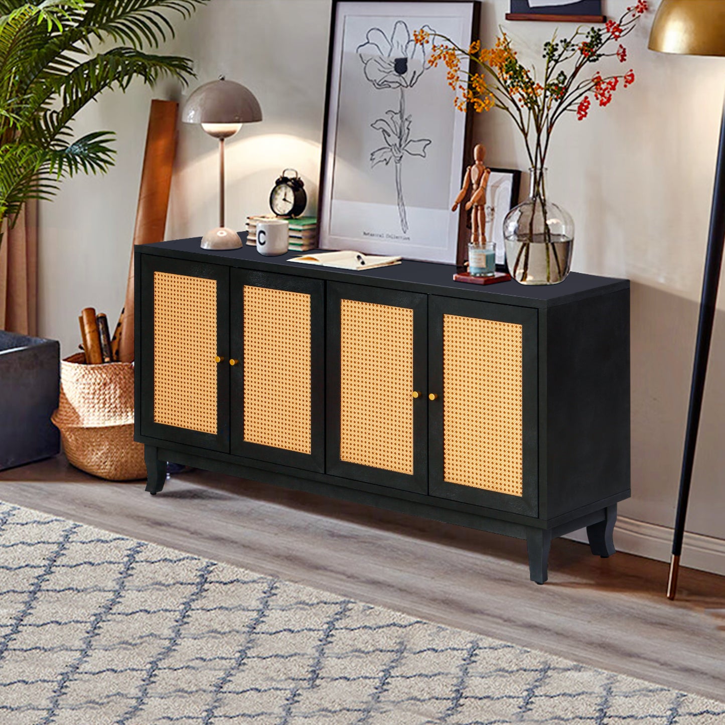 Handcrafted Rattan Sideboard Buffet Cabinet in Black