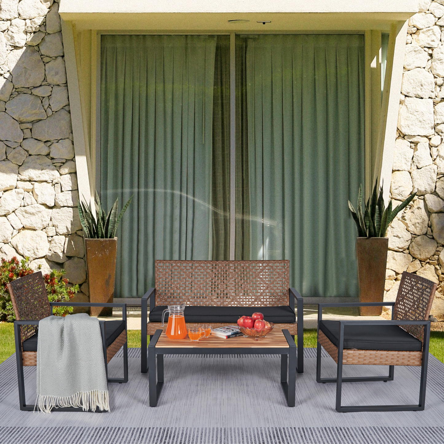 4-Piece Acacia Wood Table Top Outdoor Patio Set, Black and Light Brown