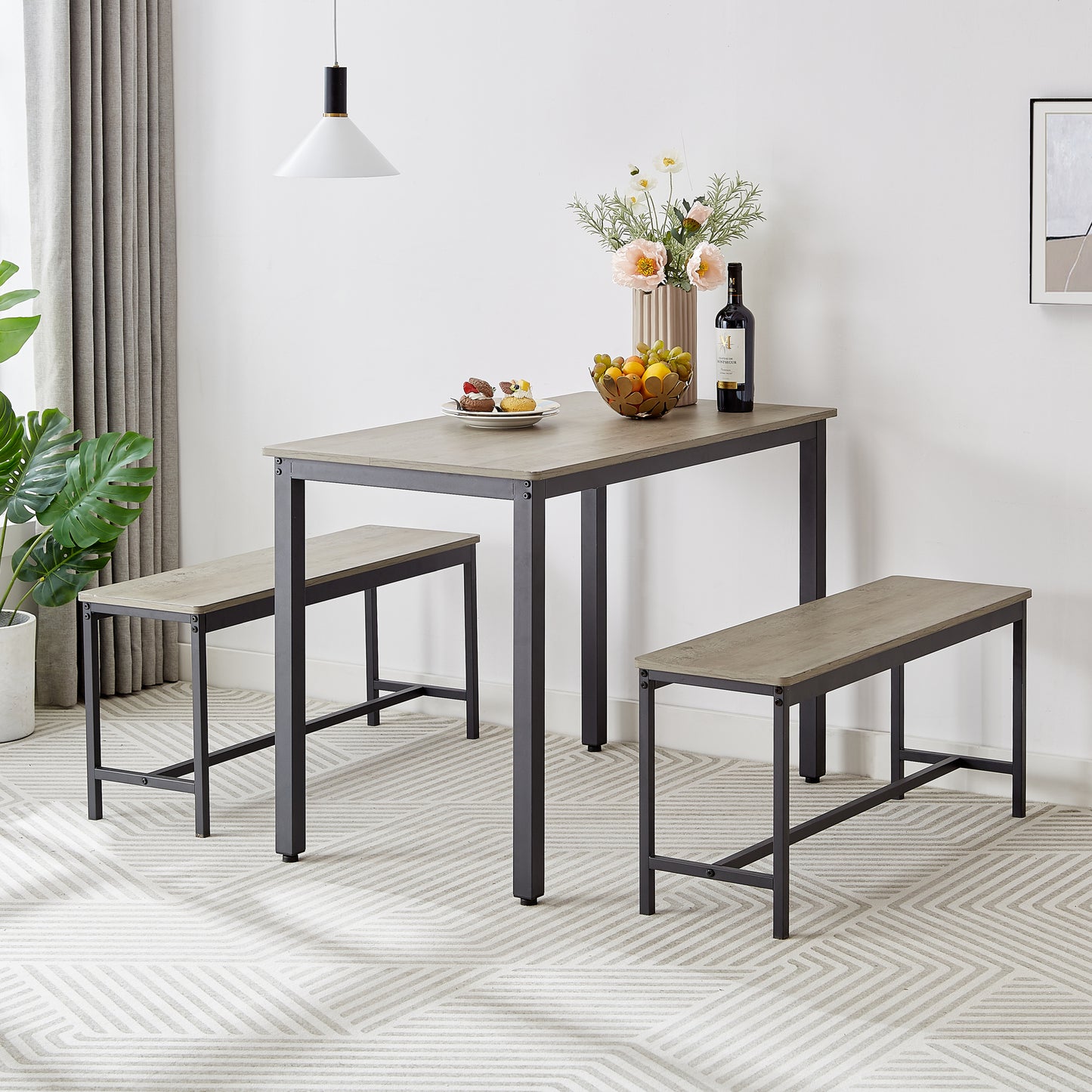 Grey Dining Table Set Counter Height Table with 2 Benches