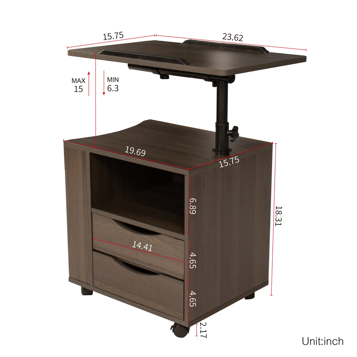 Brown Oak Height Adjustable End Table Nightstand with Swivel Top and Wheels