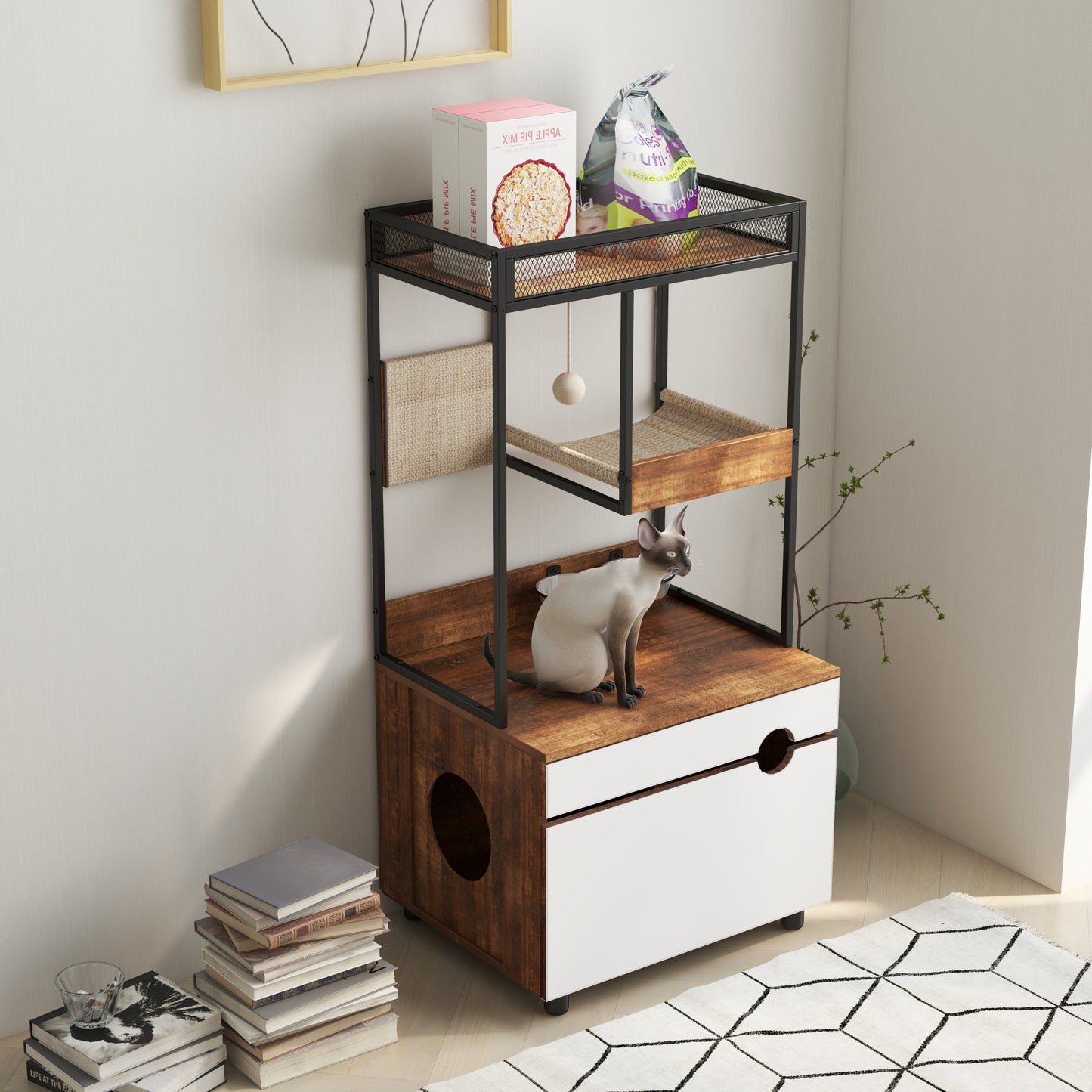 Cat Litter Box Enclosure with Cat Tree Tower, White + Walnut