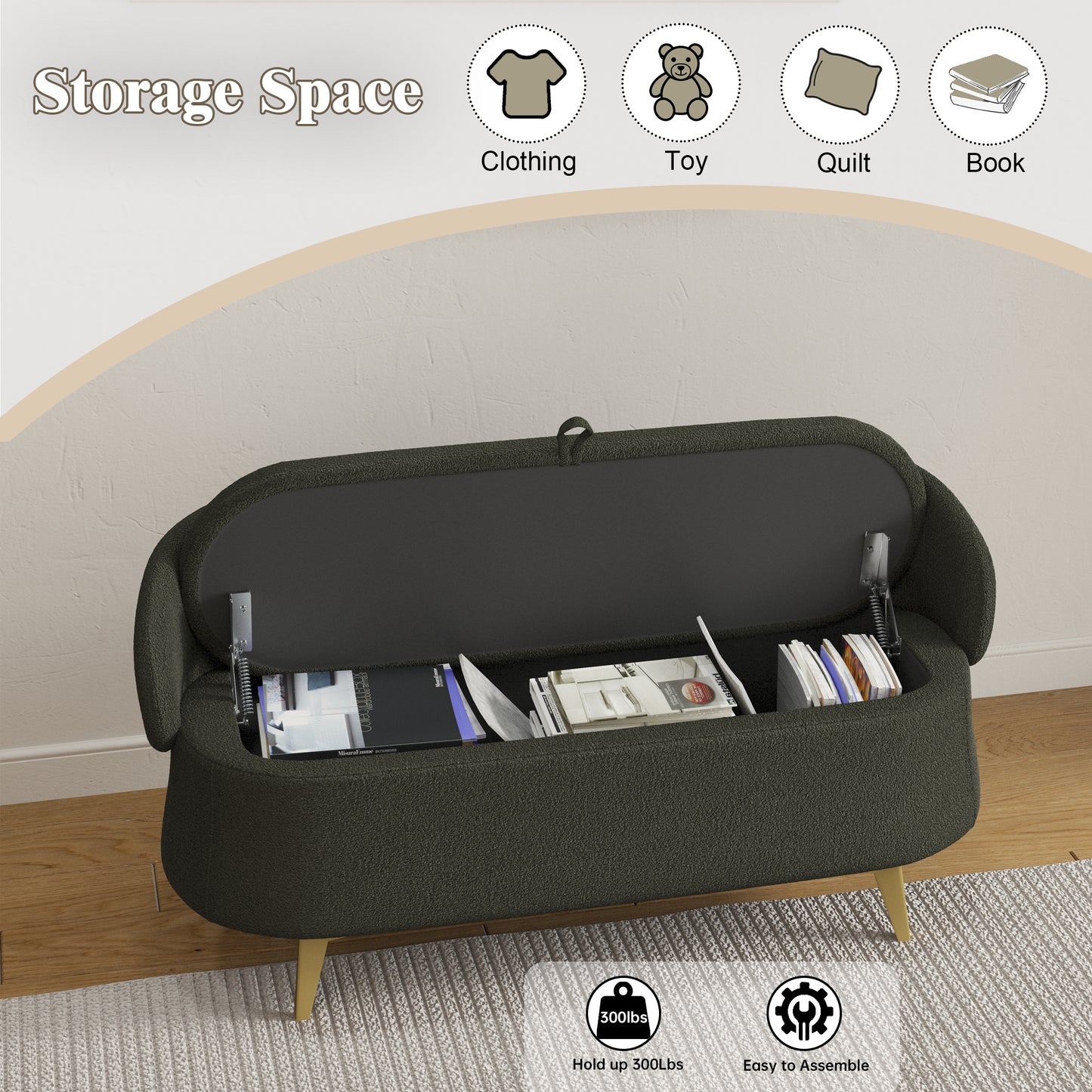 Green Plush Storage Bench